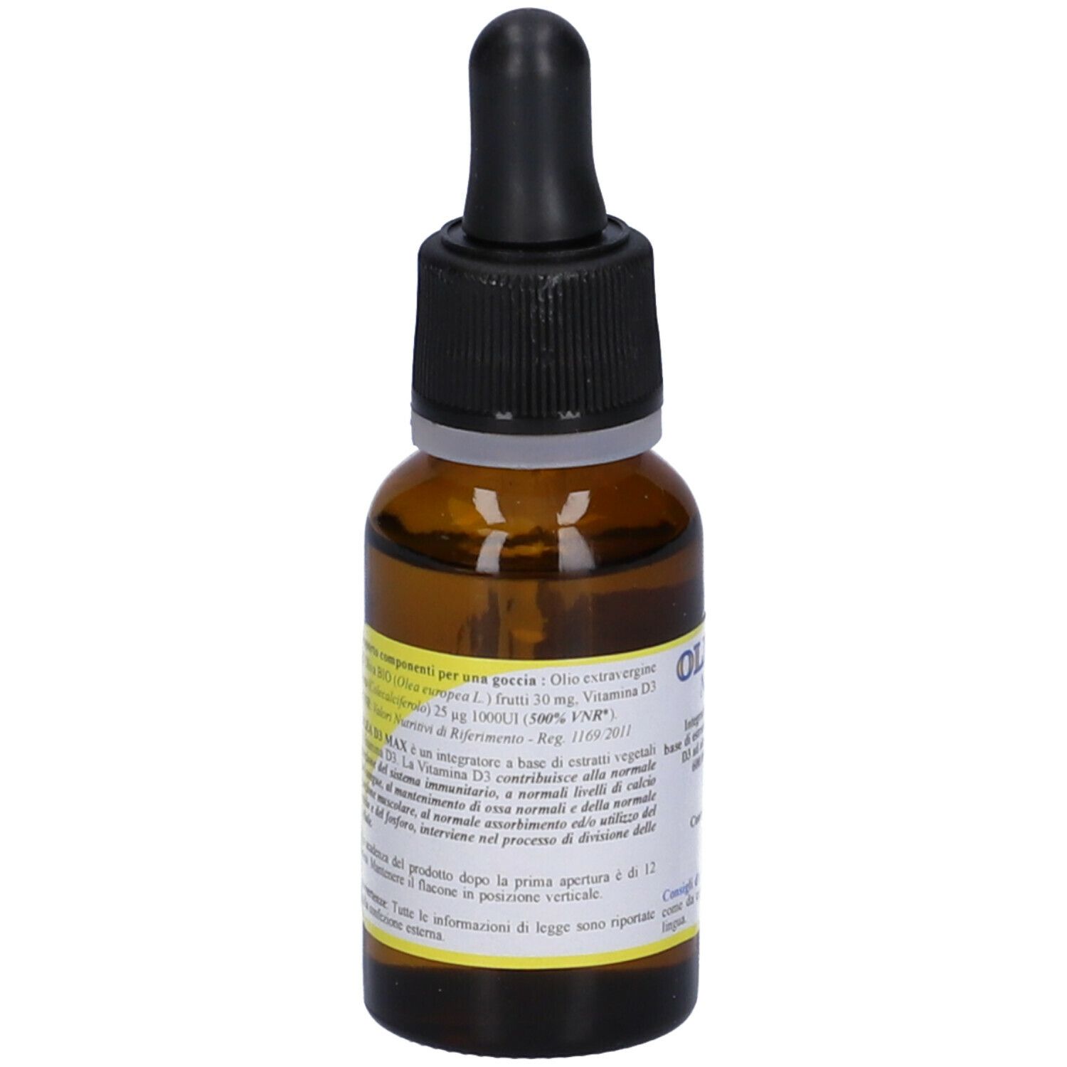 Flacone di vetro marrone con contagocce nero. Etichetta con informazioni sul prodotto, ingredienti e dosaggio.