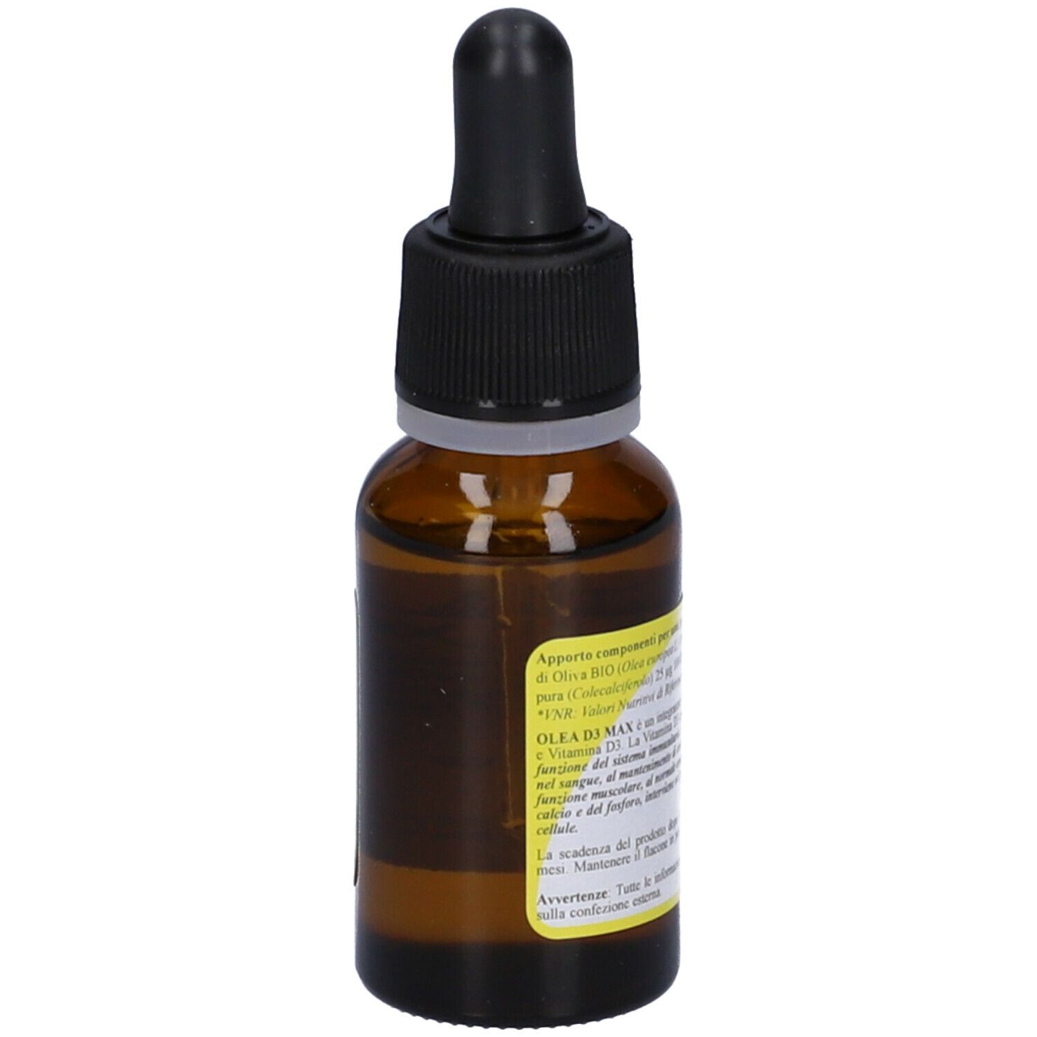 Flacone di vetro marrone con contagocce nero. Etichetta con informazioni sul prodotto, ingredienti e dosaggio.