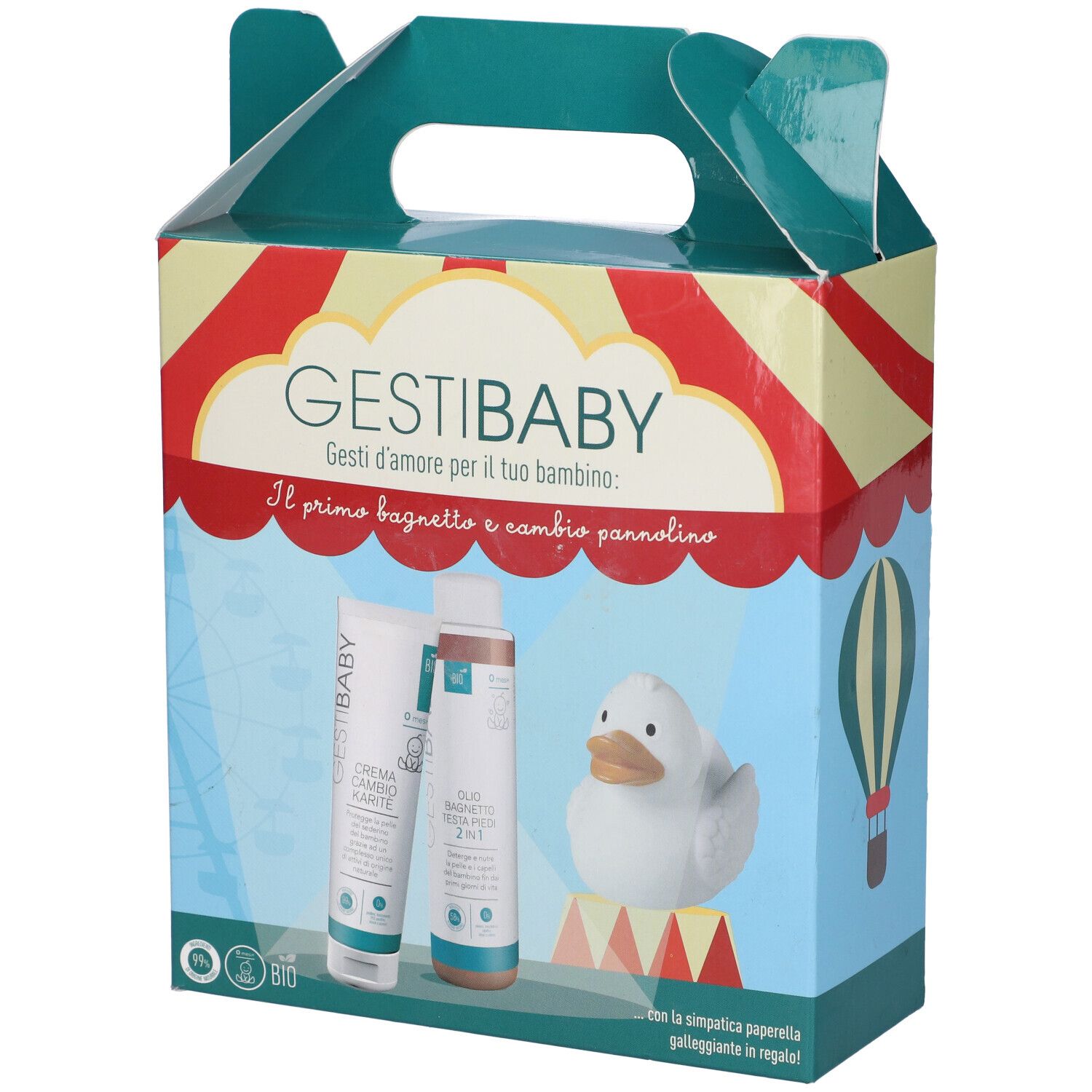 Cofanetto Gesti Baby. Confezione regalo per la cura del bambino. Contiene crema, olio e papera.