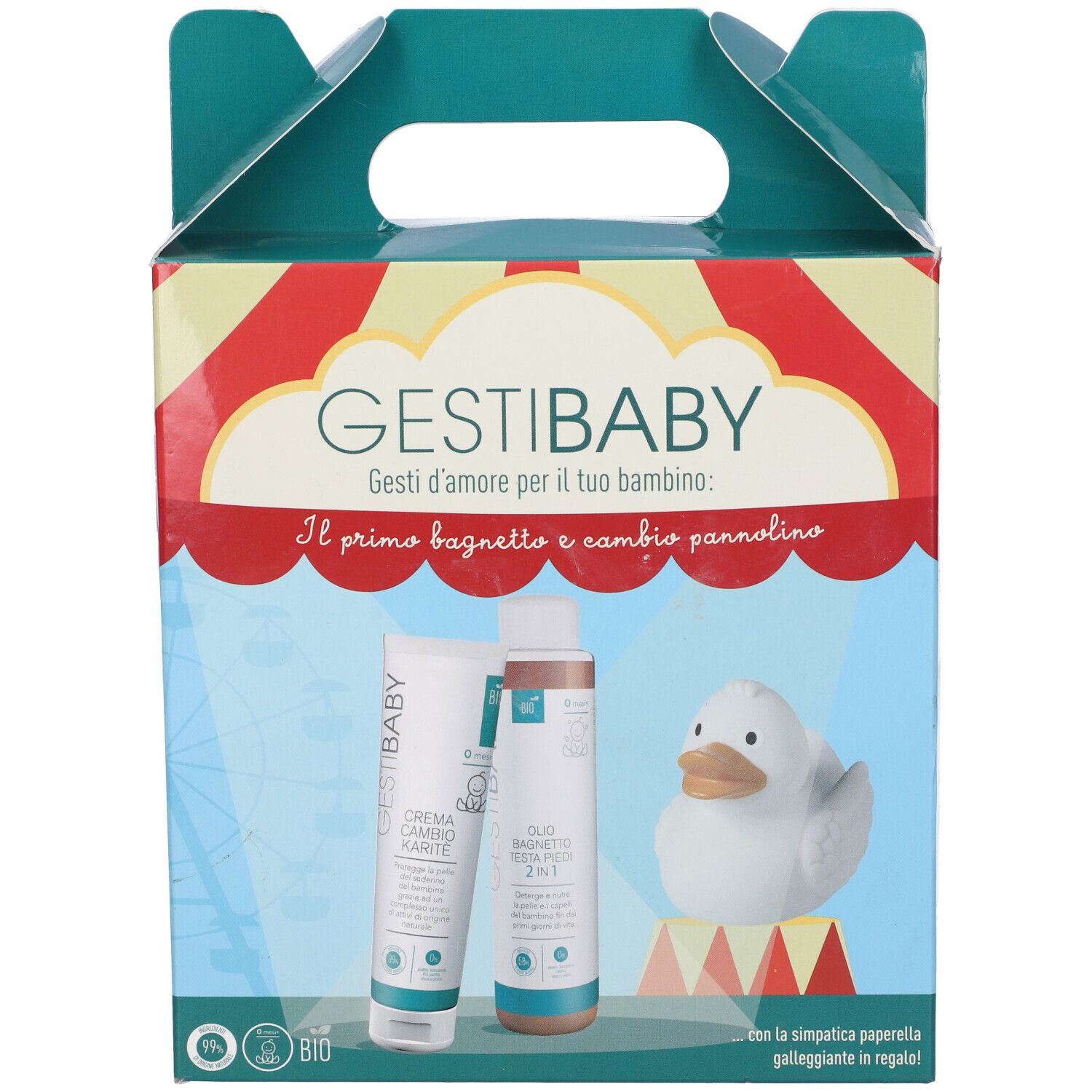 Cofanetto Gesti Baby. Confezione regalo con prodotti e papera. Contiene crema e olio.