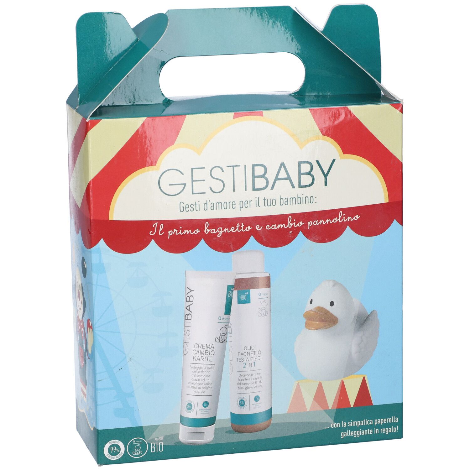 Cofanetto Gesti Baby. Confezione regalo con prodotti e papera. Contiene crema e olio.