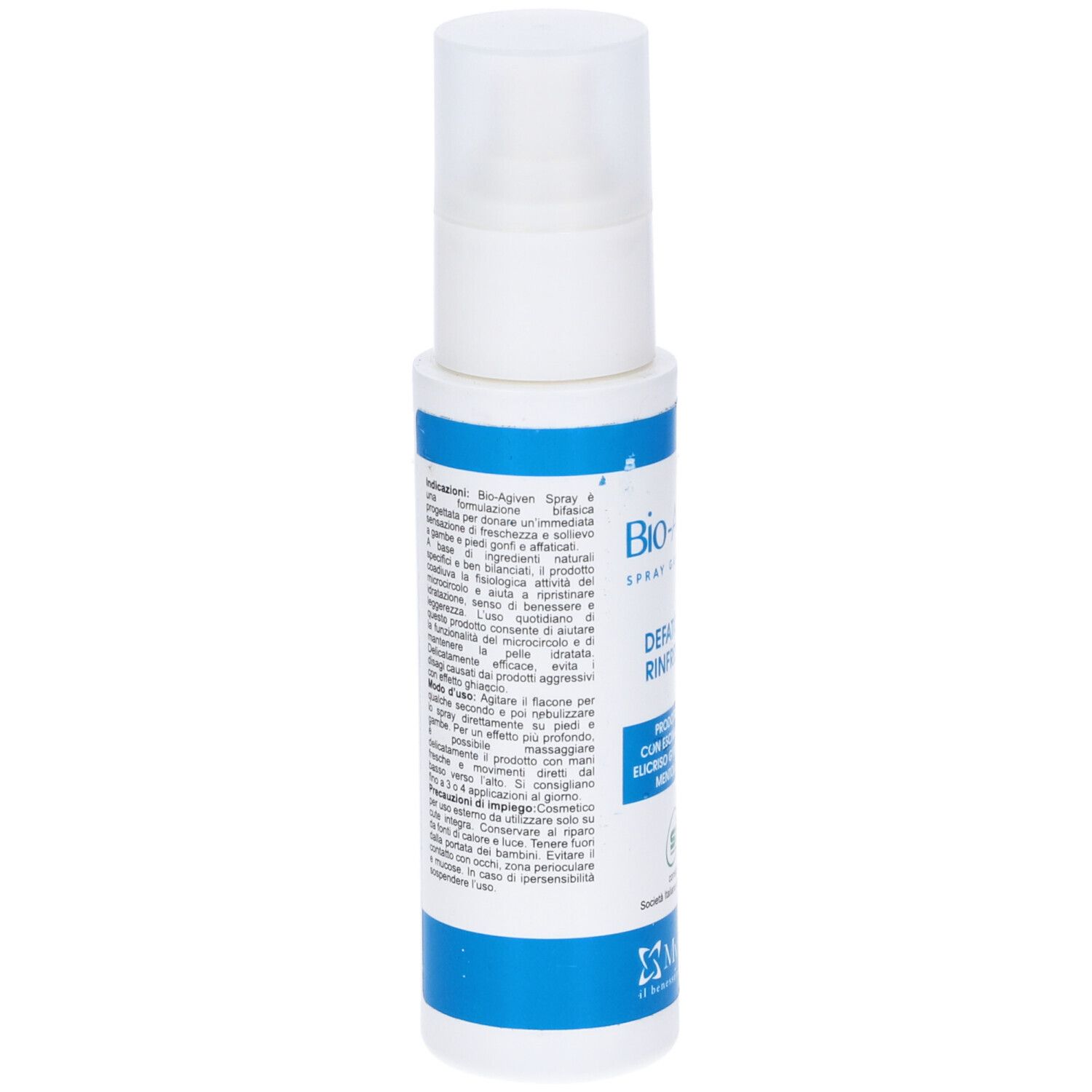 Retro del flacone spray bianco e blu. Informazioni testuali e logo.