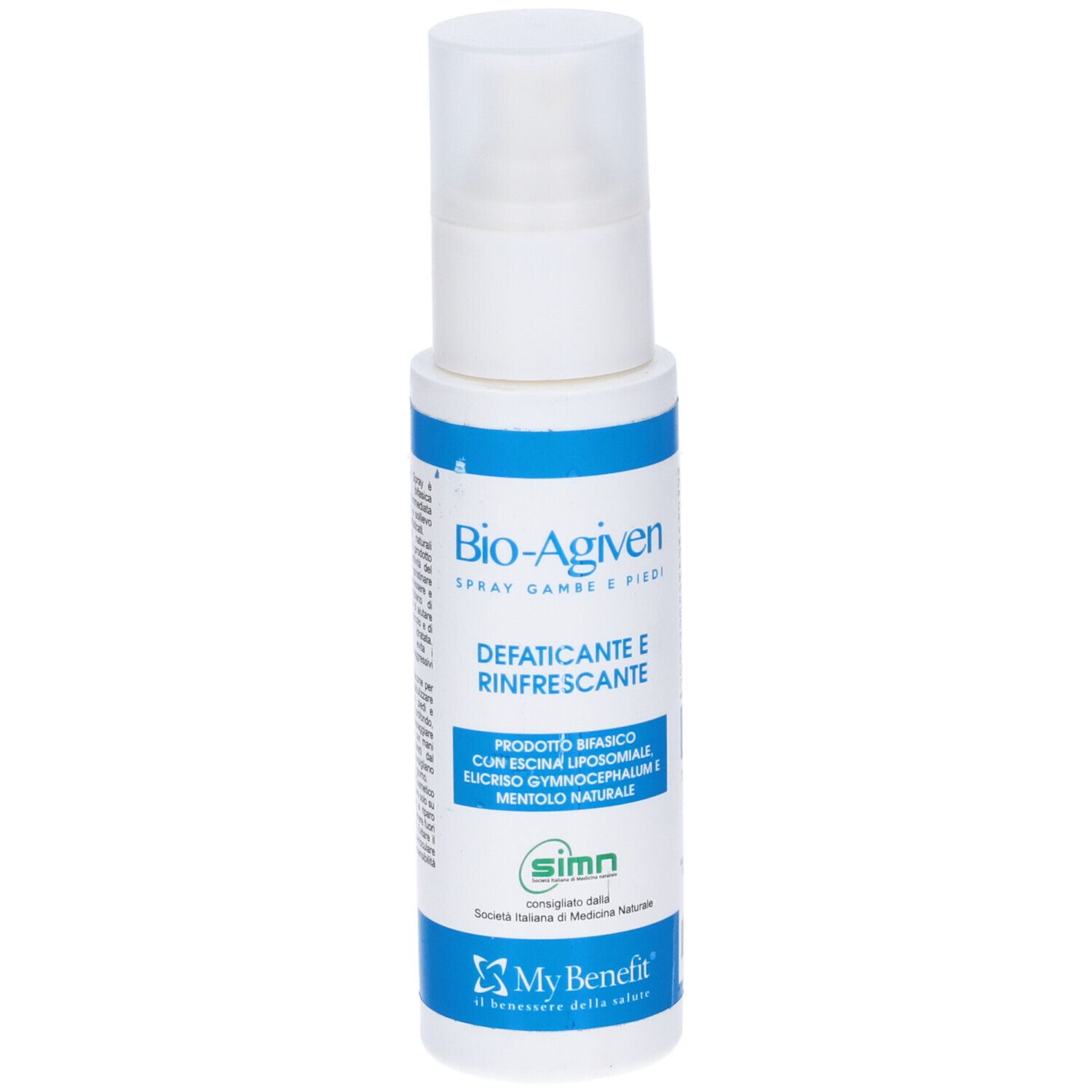 Flacone spray bianco e blu. Scritta: Bio-Agiven, Spray Gambe e Piedi. Defaticante e Rinfrescante. Logo SIMN.