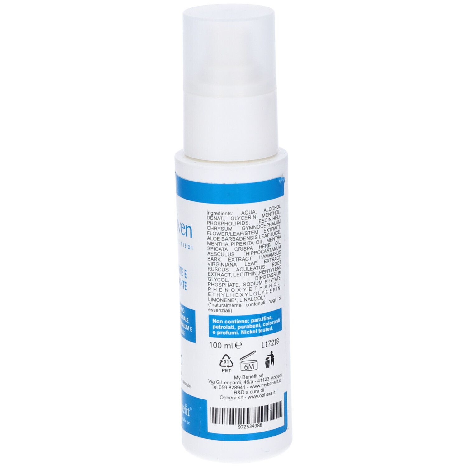 Retro del flacone spray bianco e blu. Informazioni testuali, ingredienti e logo.