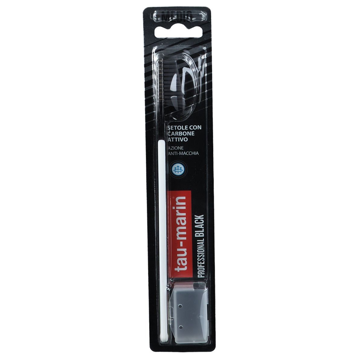 Spazzolino in confezione. Manico nero, setole bianche. Testo: Tau-marin, Professional Black, Anti-macchia.