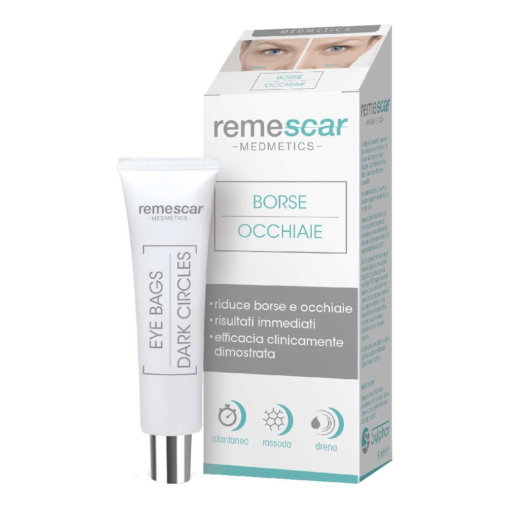 Tube und Verpackung von Remescar Tränensäcke und Augenringe. Produktname und Logo sichtbar. Text: Eye Bags Dark Circles.