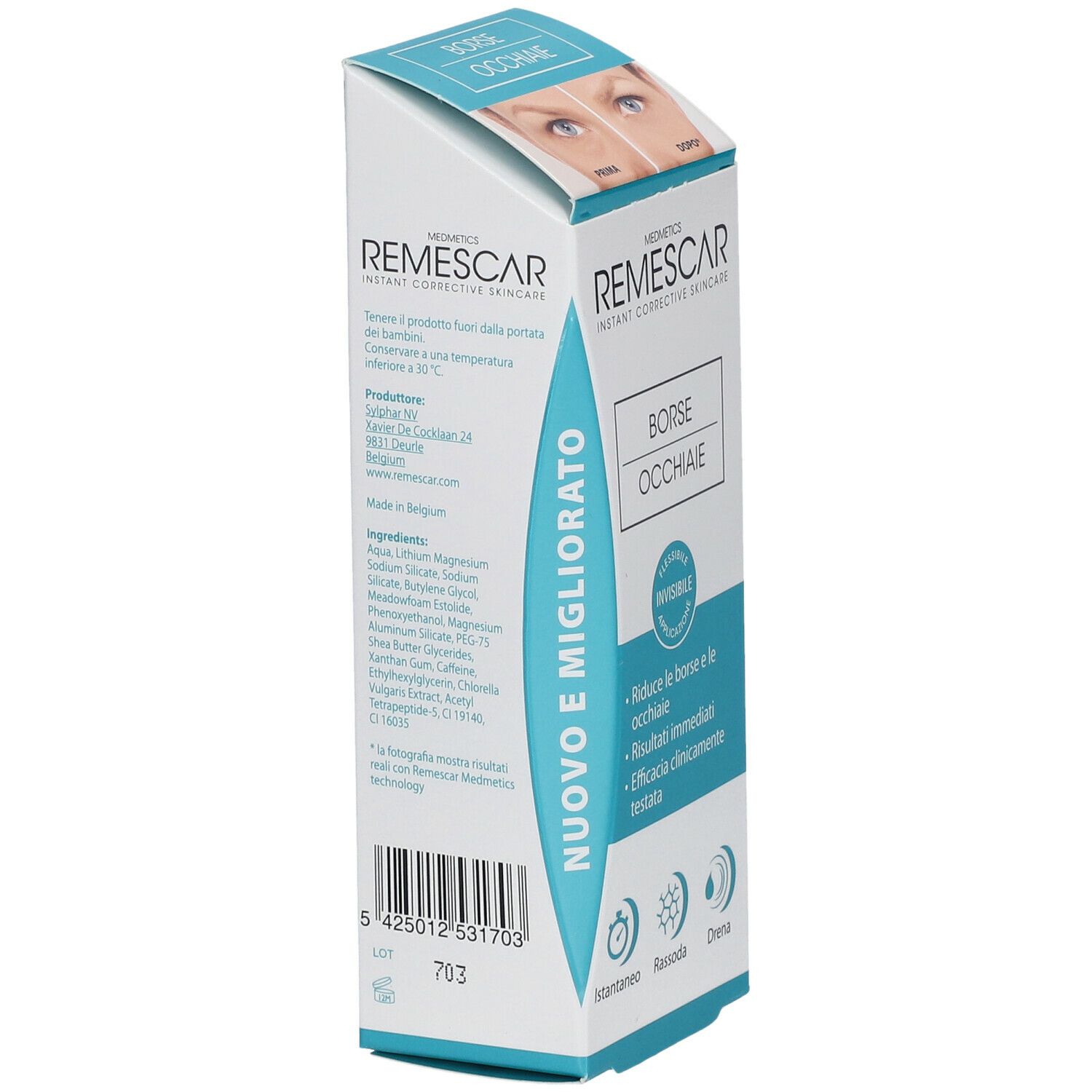 Verpackung von Remescar Tränensäcke und Augenringe. Produktname und Logo sichtbar. Text: Borse Occhiaie. Inhaltsstoffe.
