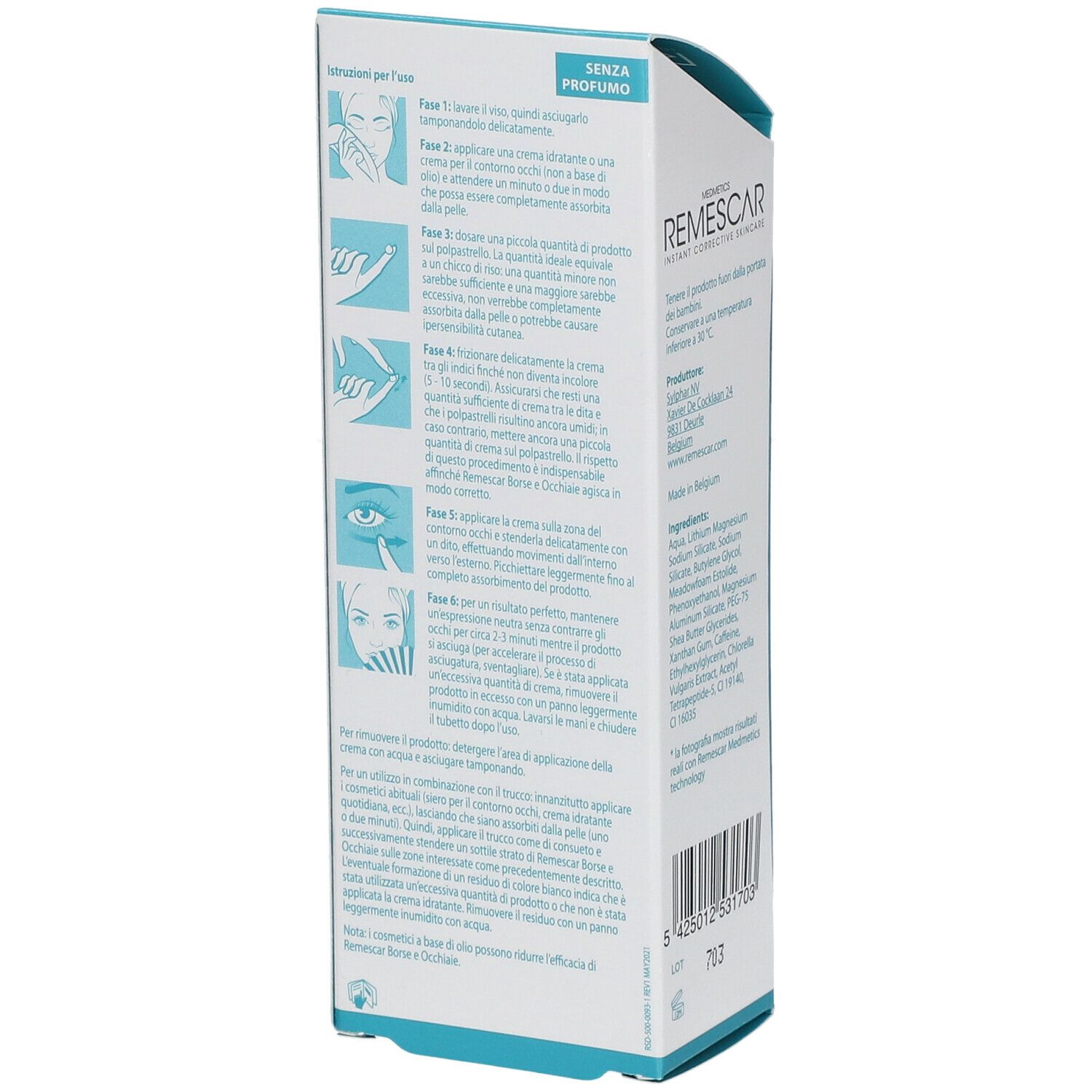 Rückseite der Verpackung von Remescar Tränensäcke und Augenringe. Text: Anwendungshinweise, ohne Parfüm.