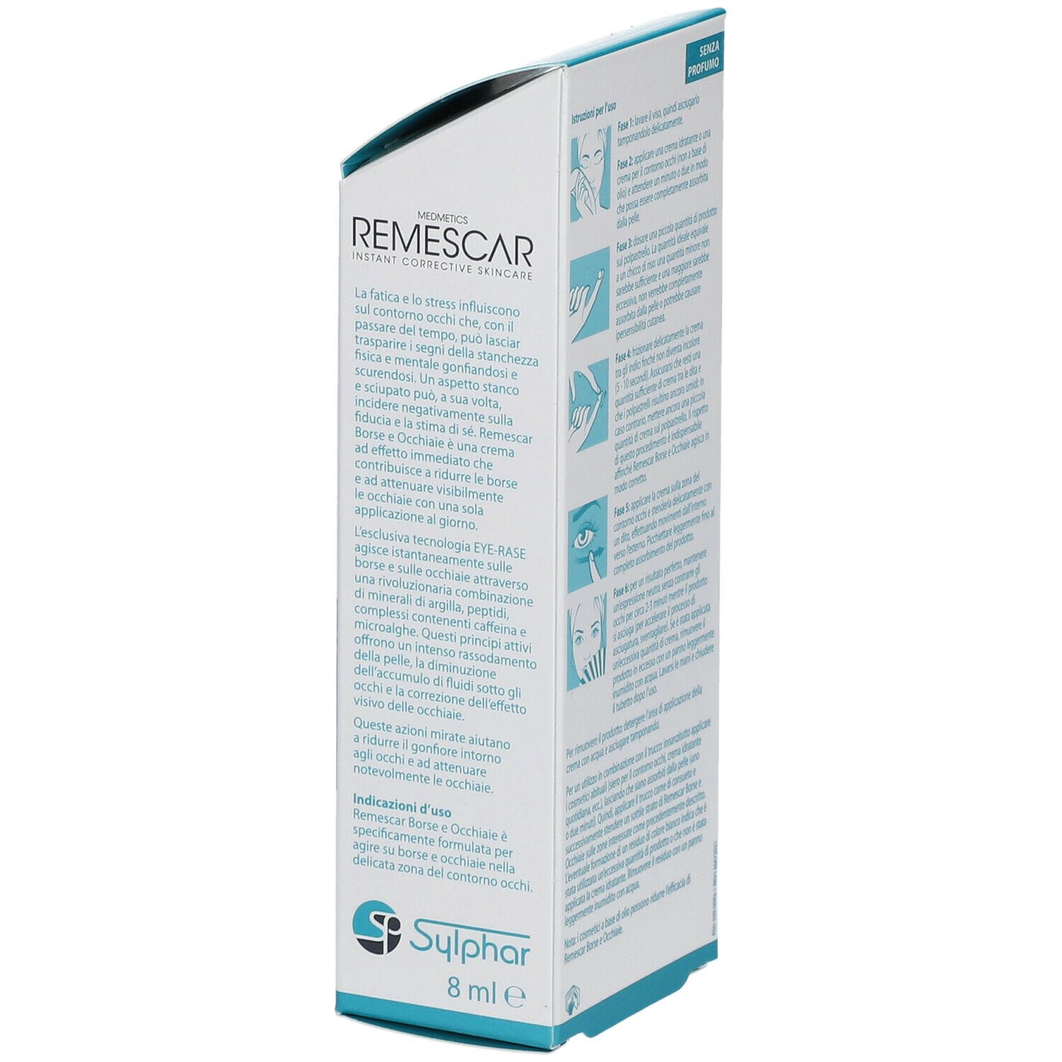 Seite der Verpackung von Remescar Tränensäcke und Augenringe. Text: Wirkungsweise, 8 ml.