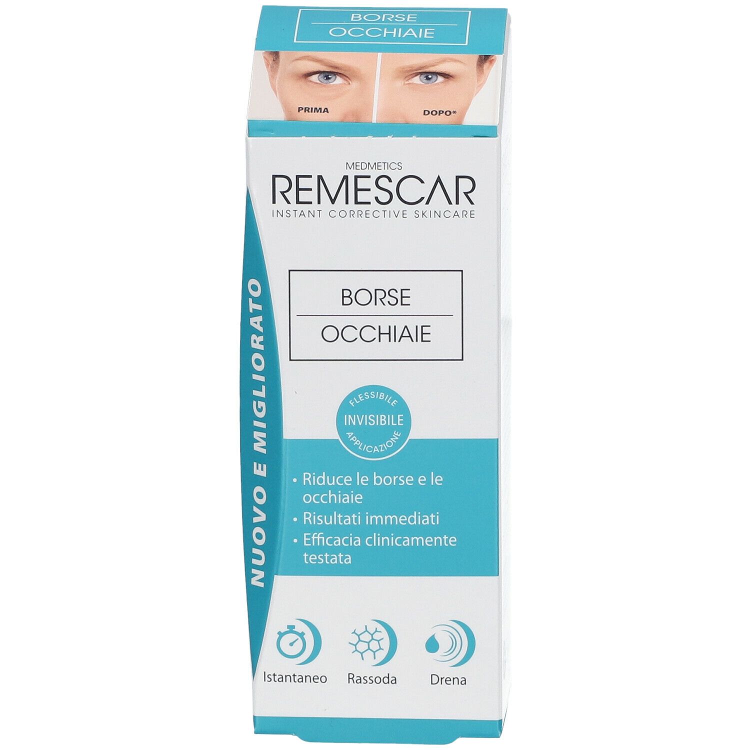 Verpackung von Remescar Tränensäcke und Augenringe. Produktname und Logo sichtbar. Text: Borse Occhiaie.