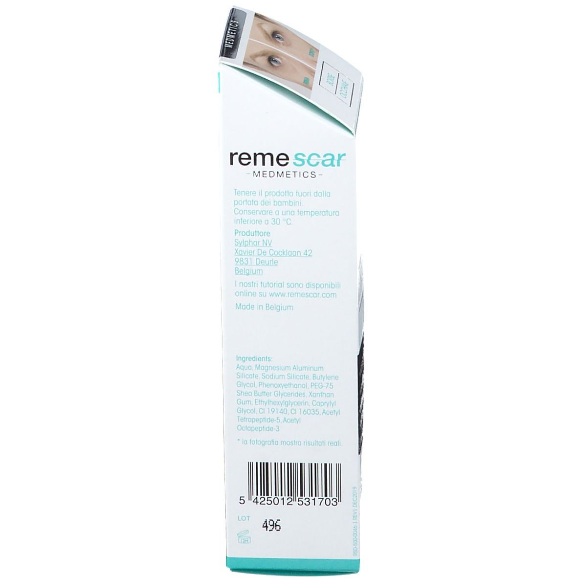 Seite der Verpackung von Remescar Tränensäcke und Augenringe. Text: Inhaltsstoffe, Herstellerinformationen.