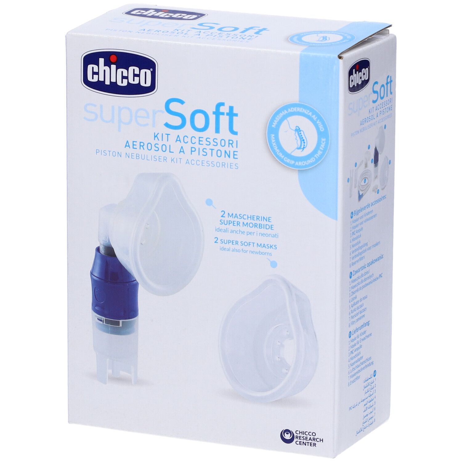 Chicco Super Soft Kit Aerosol. Confezione bianca con immagine del prodotto. Due maschere e un inalatore. Testo e logo.