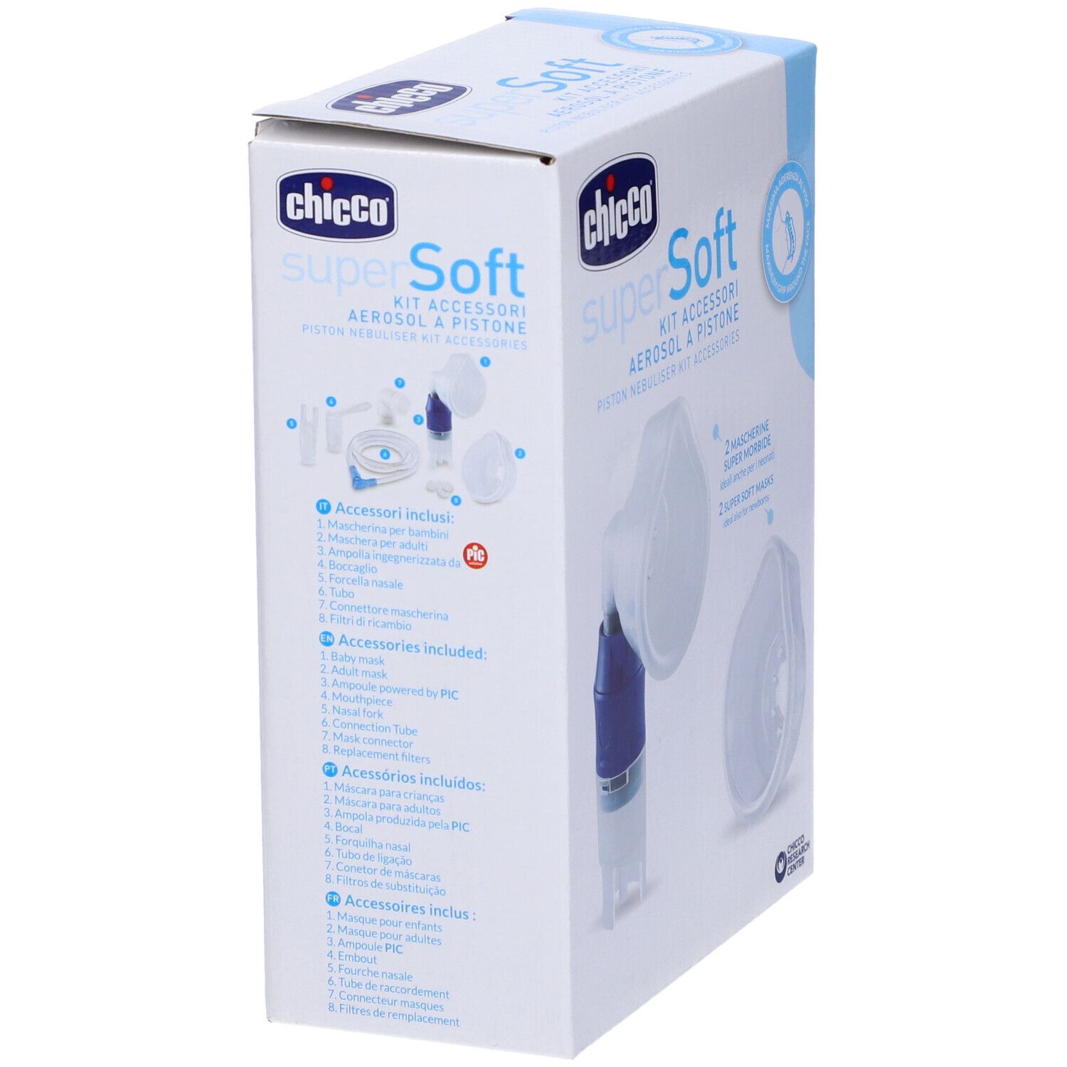 Chicco Super Soft Kit Aerosol. Confezione con immagini e testo. Componenti del kit illustrati. Logo e testo.