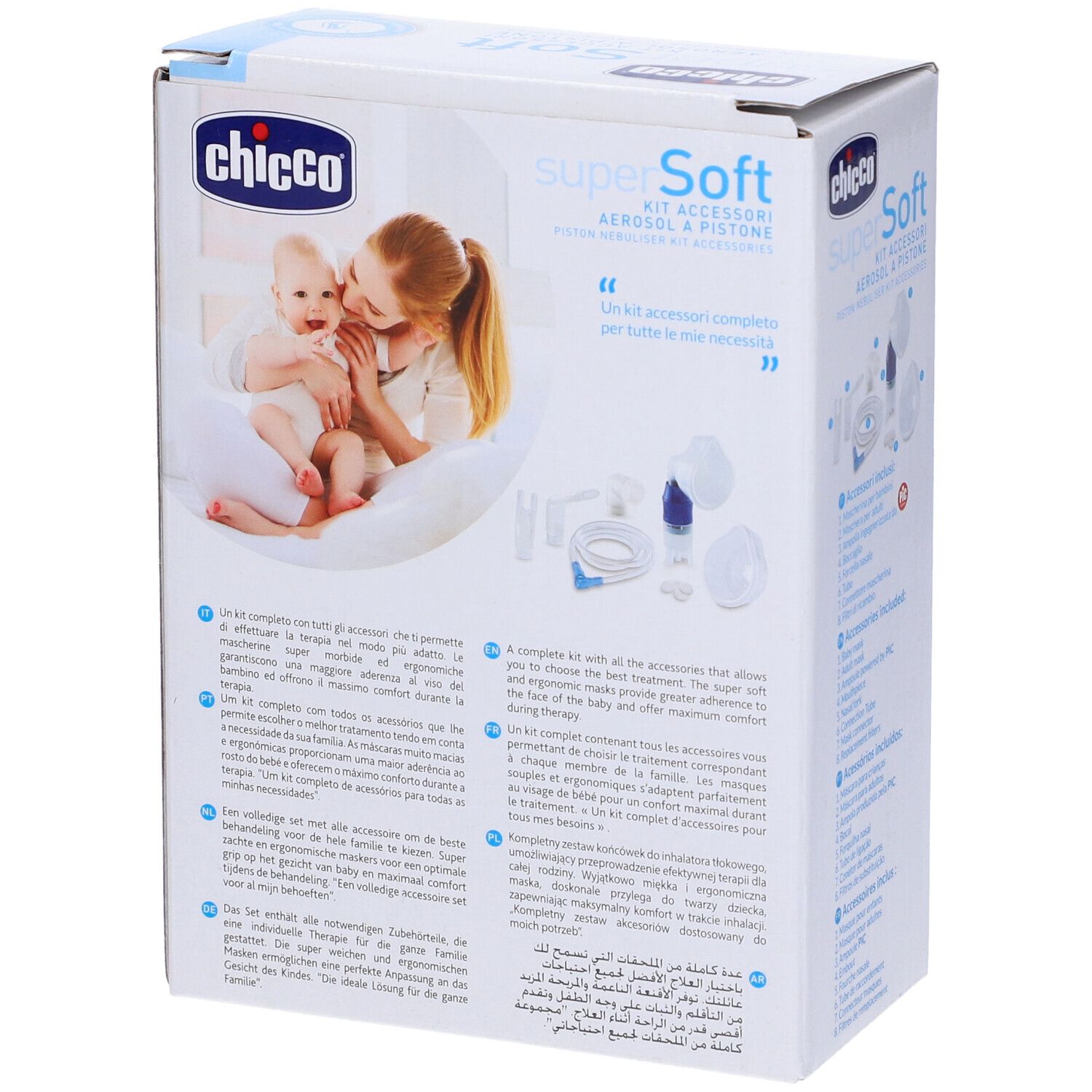 Chicco Super Soft Kit Aerosol. Confezione con bambino e madre. Immagine del prodotto e testo. Logo e componenti.