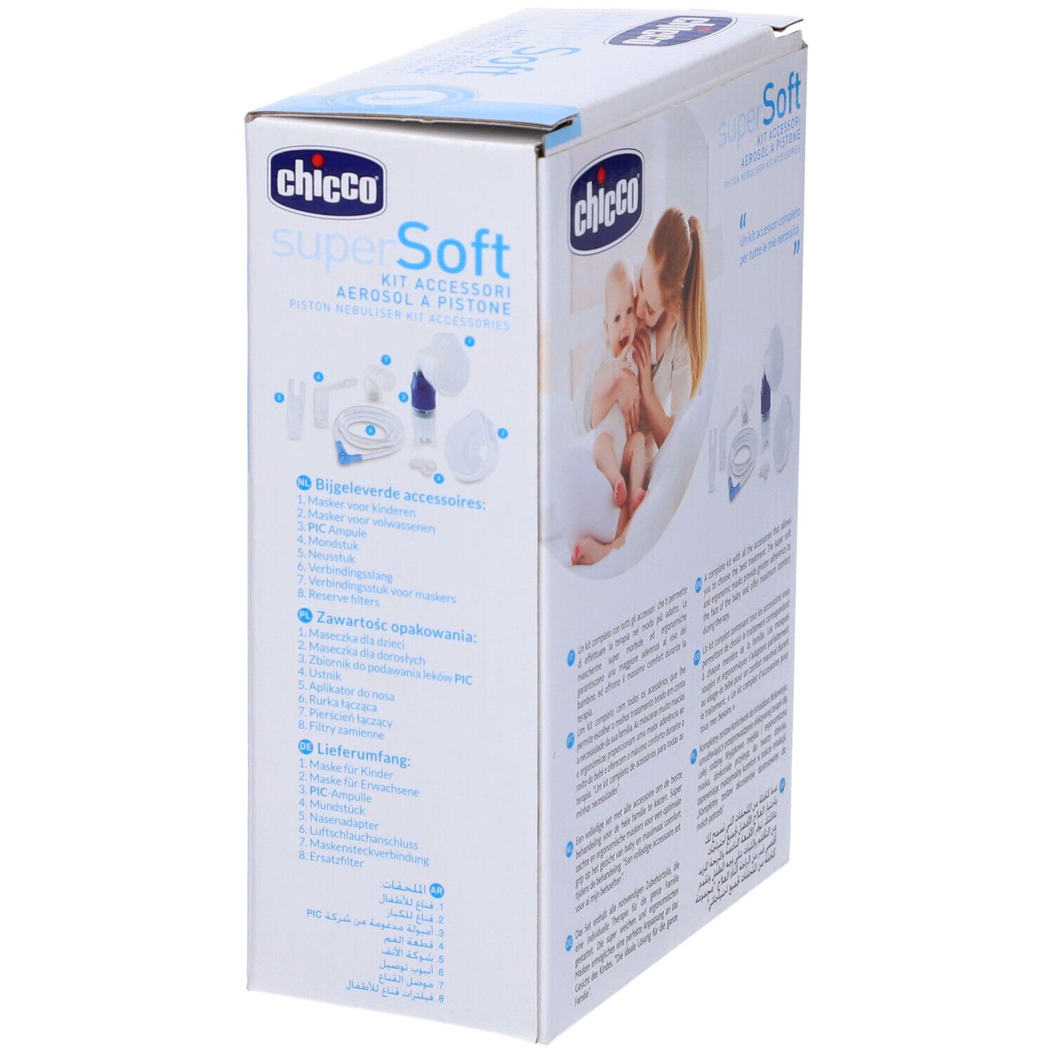 Chicco Super Soft Kit Aerosol. Confezione con immagini e testo. Componenti del kit illustrati. Logo e testo.