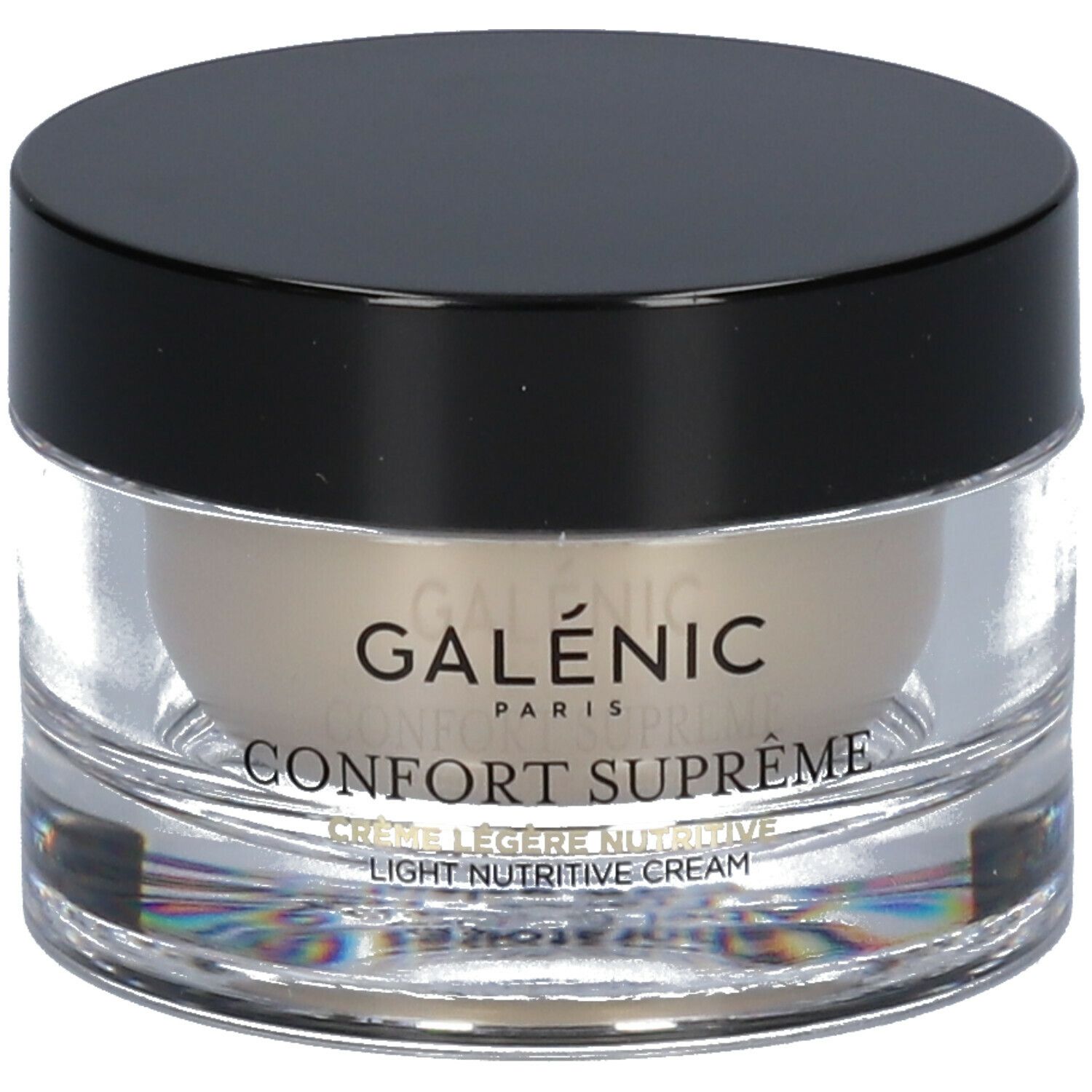 Galénic Comfort Supreme. Vasetto in vetro con coperchio nero. Scritta: Confort Suprême, Crème Légère Nutritive.