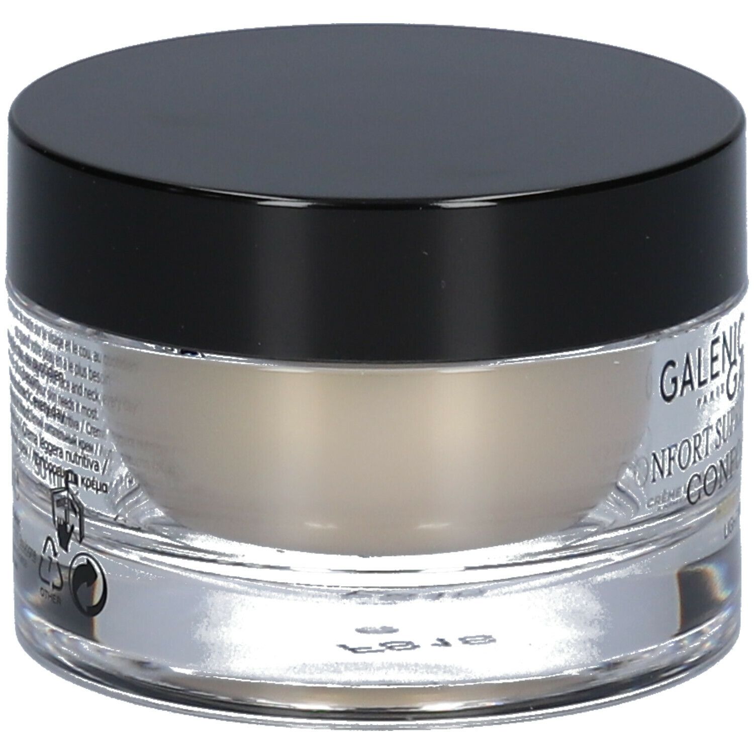 Galénic Comfort Supreme. Vasetto in vetro con coperchio nero. Scritta: Confort Suprême, Crème Légère Nutritive.
