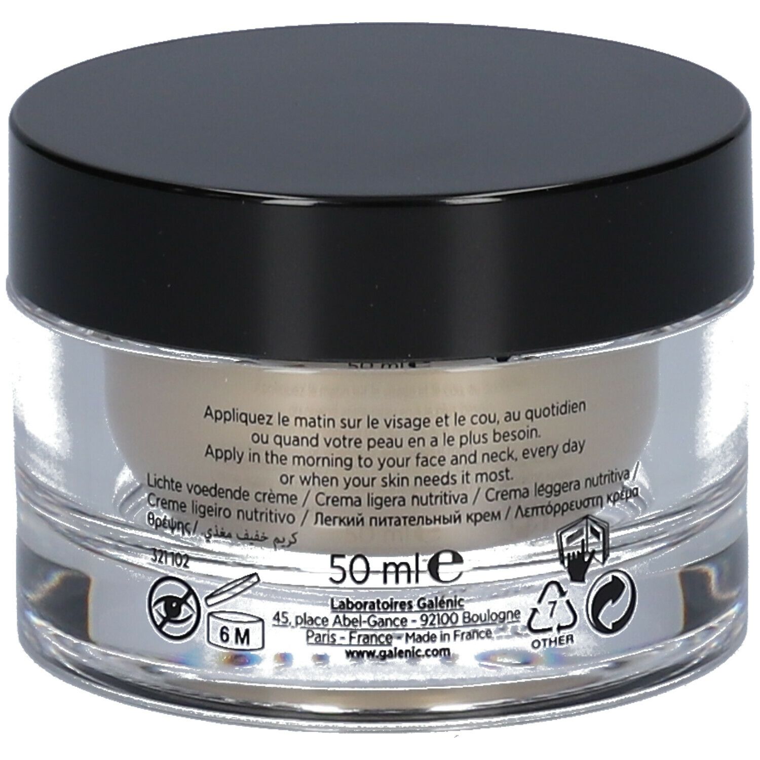 Galénic Comfort Supreme. Vasetto in vetro con coperchio nero. Scritta: Confort Suprême, Crème Légère Nutritive.
