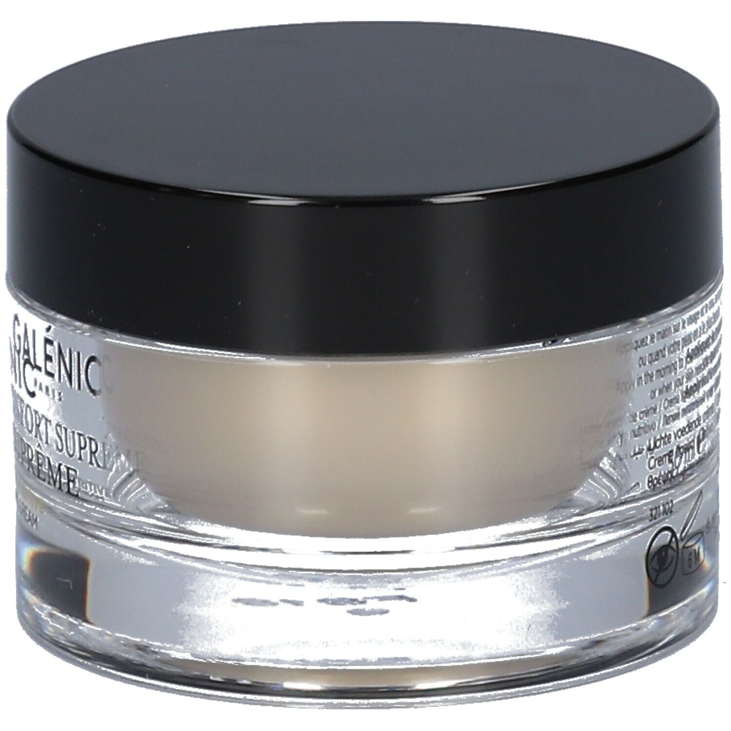 Galénic Comfort Supreme. Vasetto in vetro con coperchio nero. Scritta: Confort Suprême, Crème Légère Nutritive.
