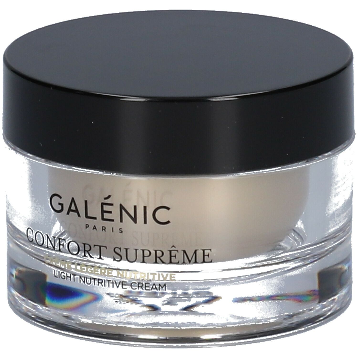 Galénic Comfort Supreme. Vasetto in vetro con coperchio nero. Scritta: Confort Suprême, Crème Légère Nutritive.