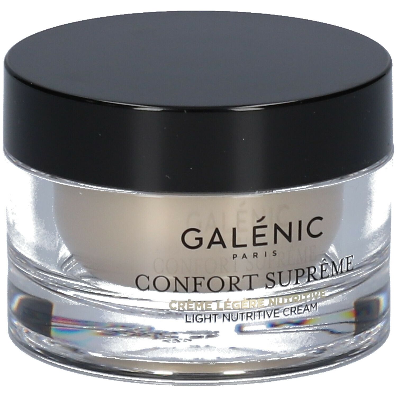 Galénic Comfort Supreme. Vasetto in vetro con coperchio nero. Scritta: Confort Suprême, Crème Légère Nutritive.