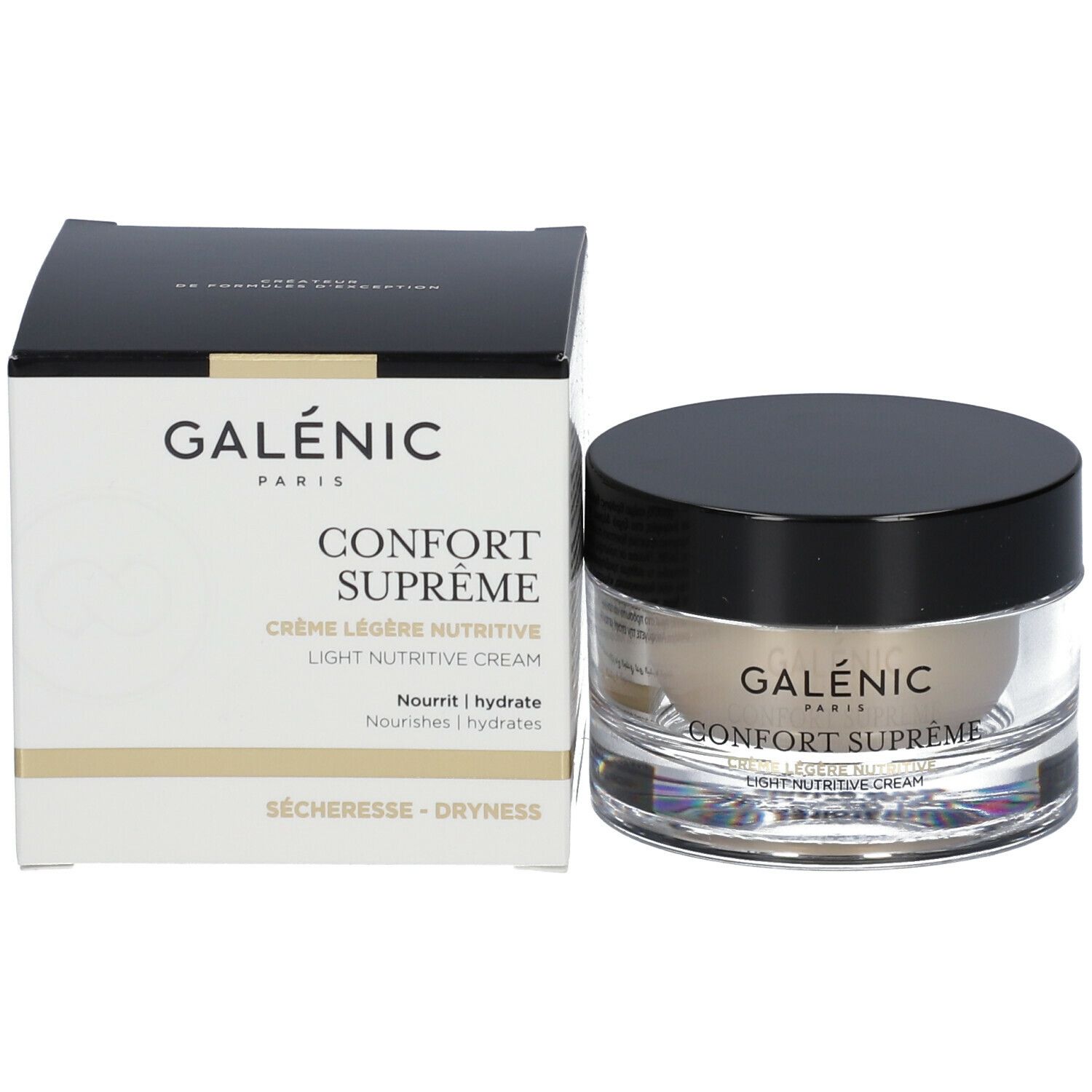 Galénic Comfort Supreme crema e confezione. Crema in vasetto con coperchio nero. Confezione: bianca, nera.