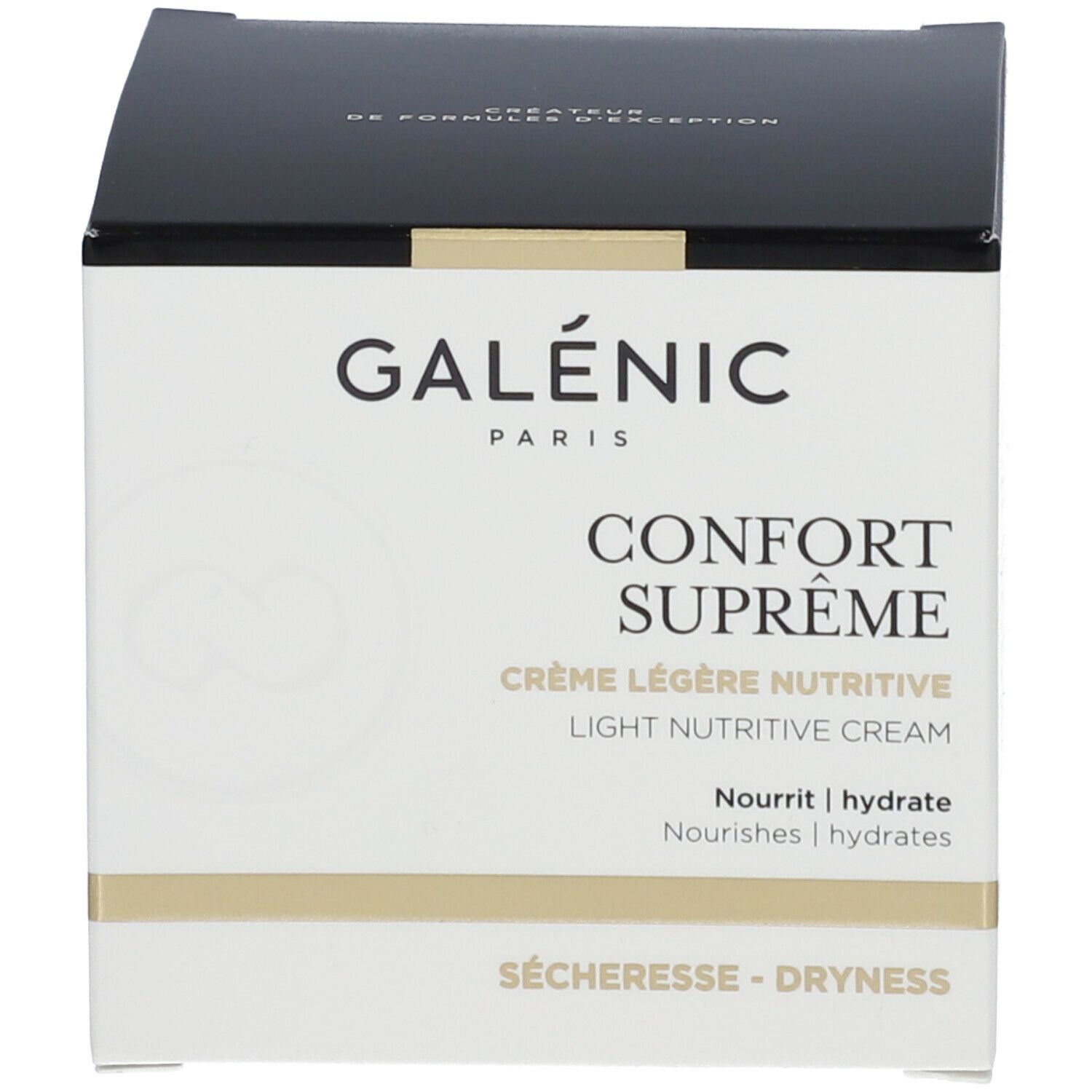 Confezione Galénic Comfort Supreme. Scatola bianca con coperchio nero. Scritta: Confort Suprême, Crème Légère Nutritive.