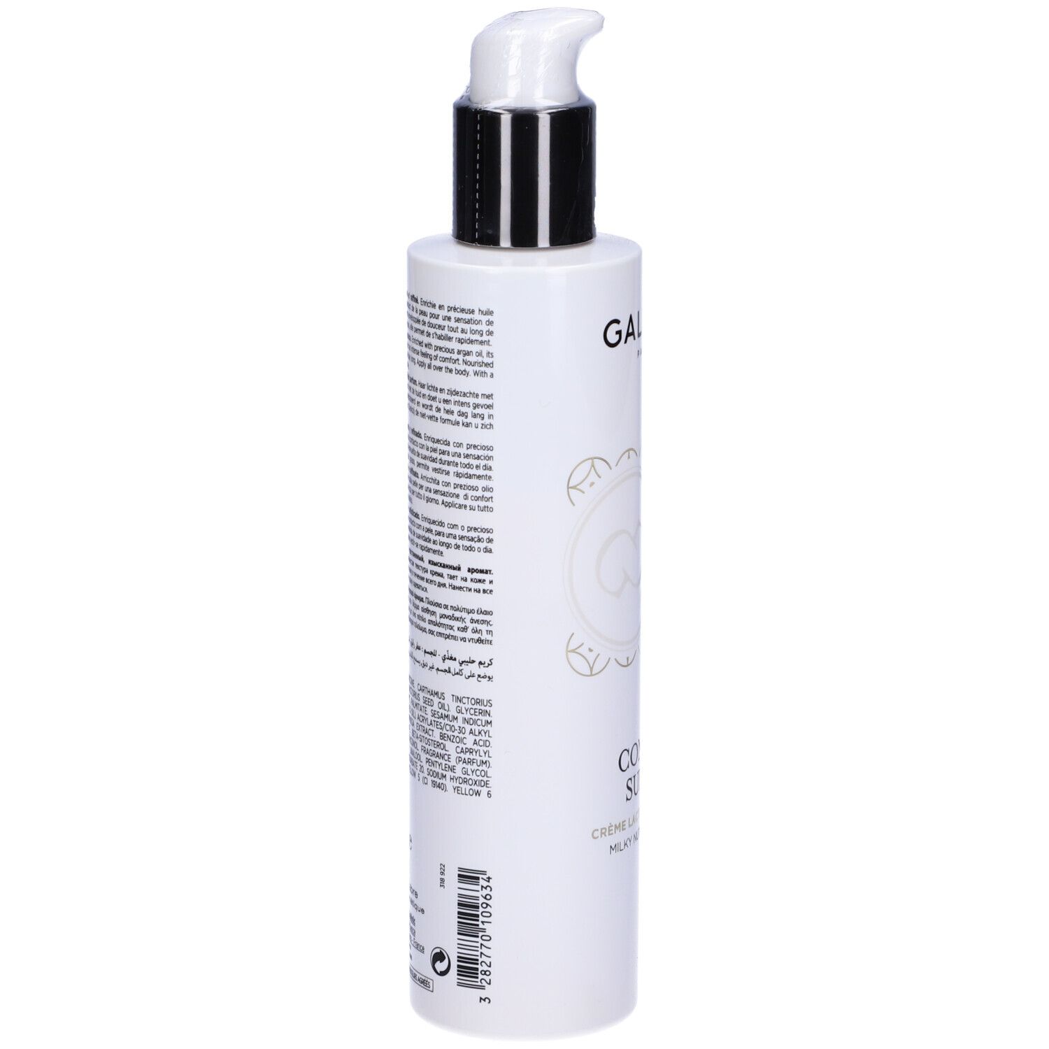Retro del flacone bianco. Testo multilingue. Scritta: CONFORT SUPRÊME, Crème Lactée Nutritive.