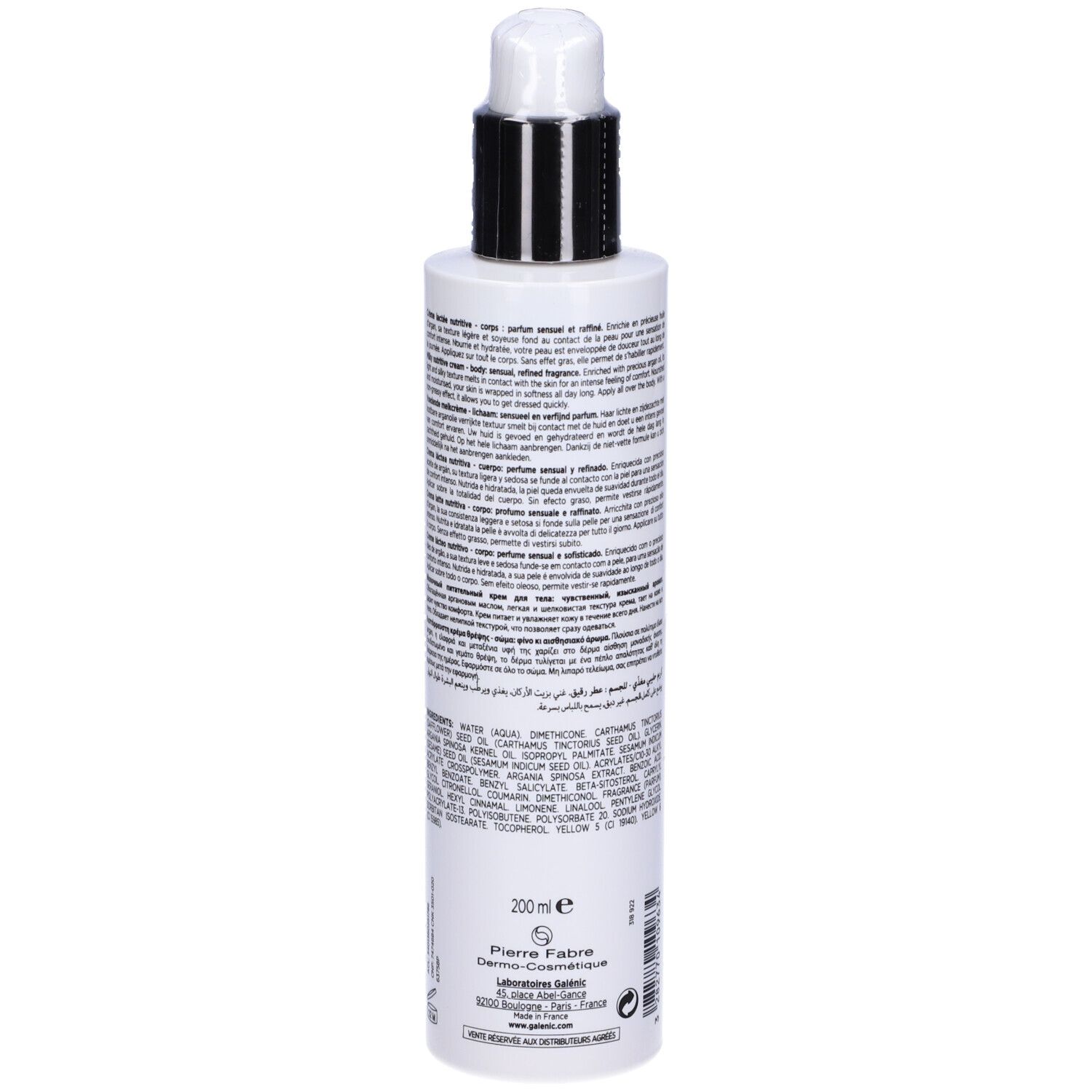 Retro del flacone bianco. Testo multilingue. Scritta: 200 ml, Pierre Fabre, Laboratoires.