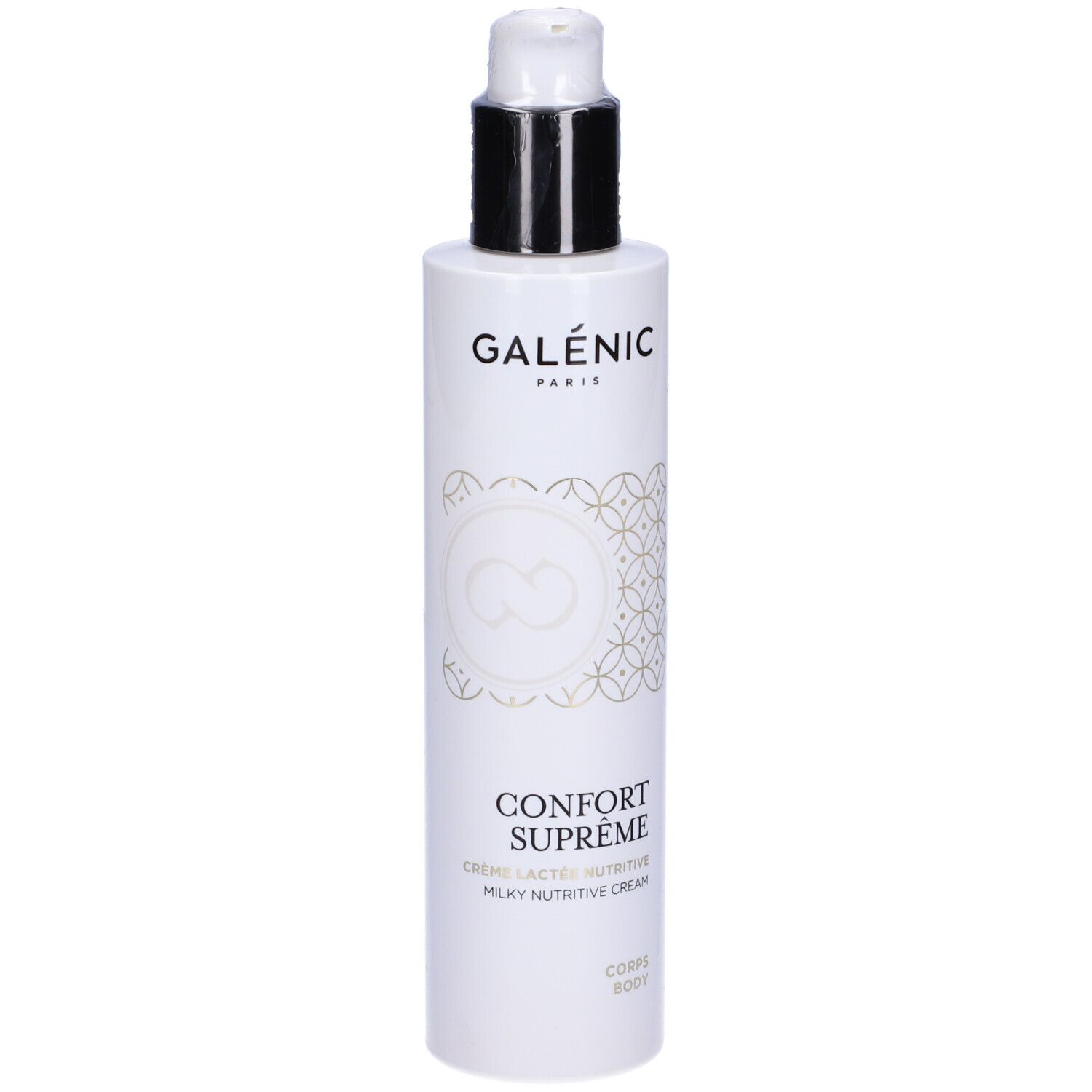 Flacone bianco con pompa. Scritta: GALÉNIC PARIS, CONFORT SUPRÊME, Crème Lactée Nutritive, Corps.