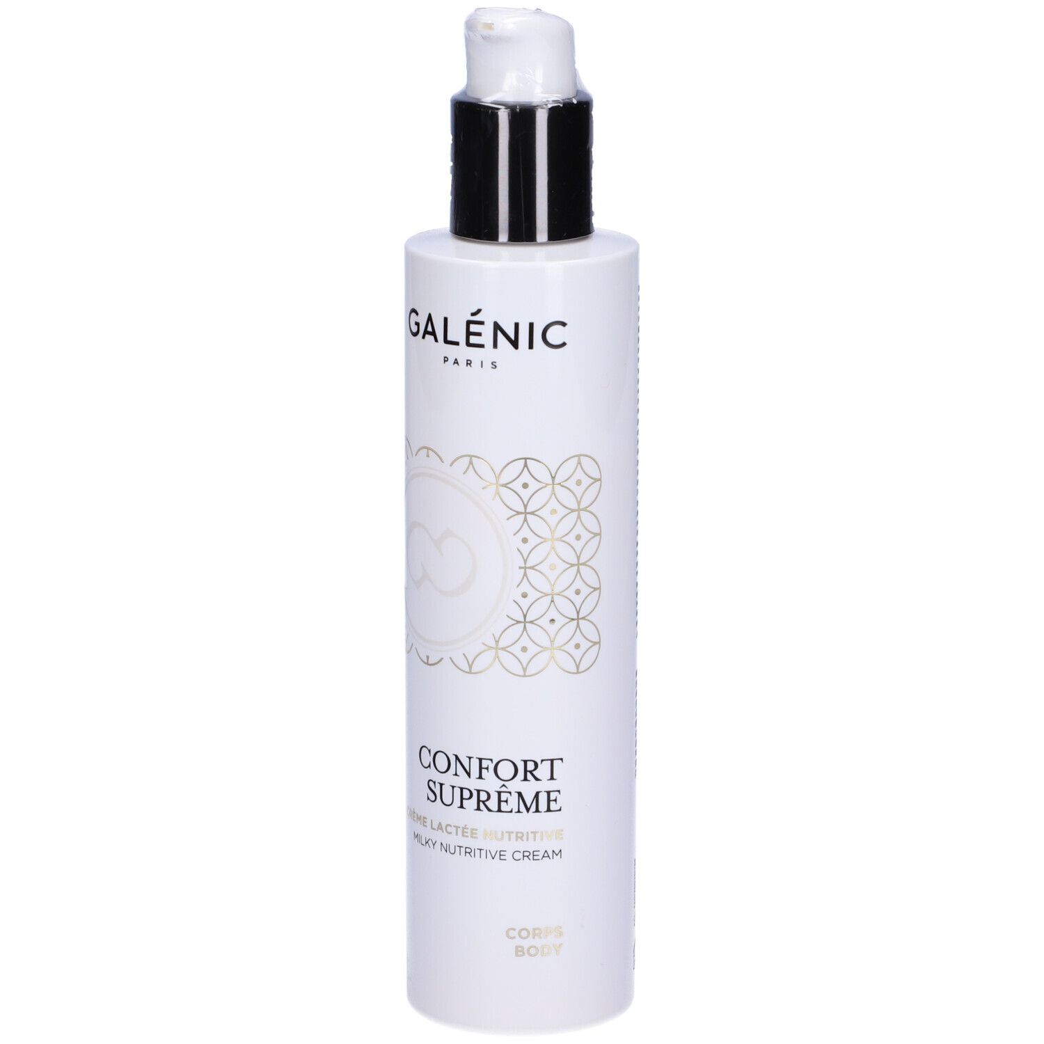 Flacone bianco con pompa. Scritta: GALÉNIC PARIS, CONFORT SUPRÊME, Crème Lactée Nutritive, Corps.