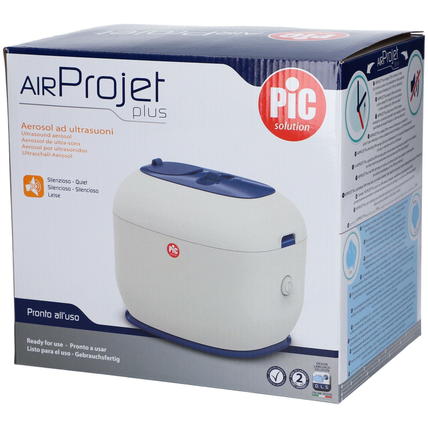 Confezione di Air Projet Plus. Il prodotto, il marchio Pic e vari testi sono raffigurati.