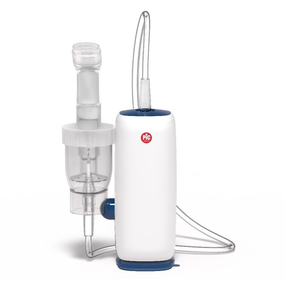 Dispositivo medico bianco e blu con logo PIC. Include un nebulizzatore e tubi.