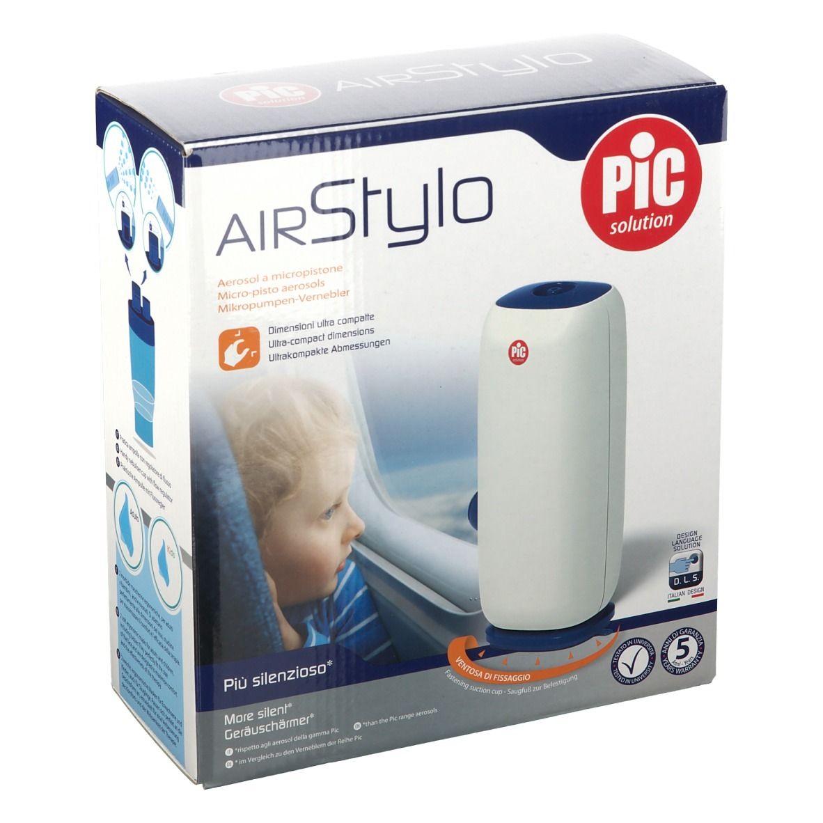 Confezione AirStylo con logo PIC. Mostra il dispositivo e un bambino in aereo. Contiene testo multilingue.