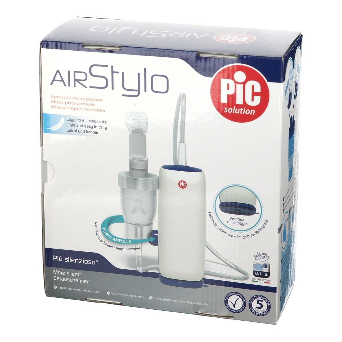Confezione AirStylo con logo PIC. Mostra il dispositivo, accessori e testo multilingue. Include una garanzia.