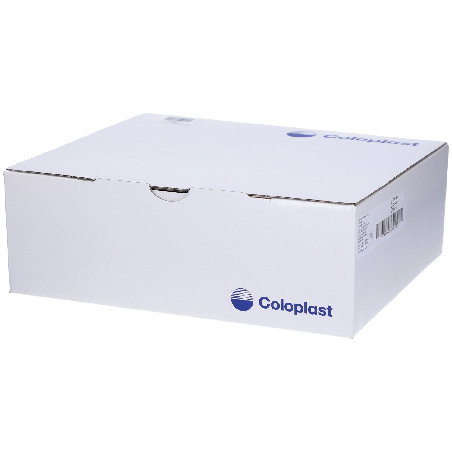 Scatola bianca con logo Coloplast. Stampe e codice a barre sul lato.