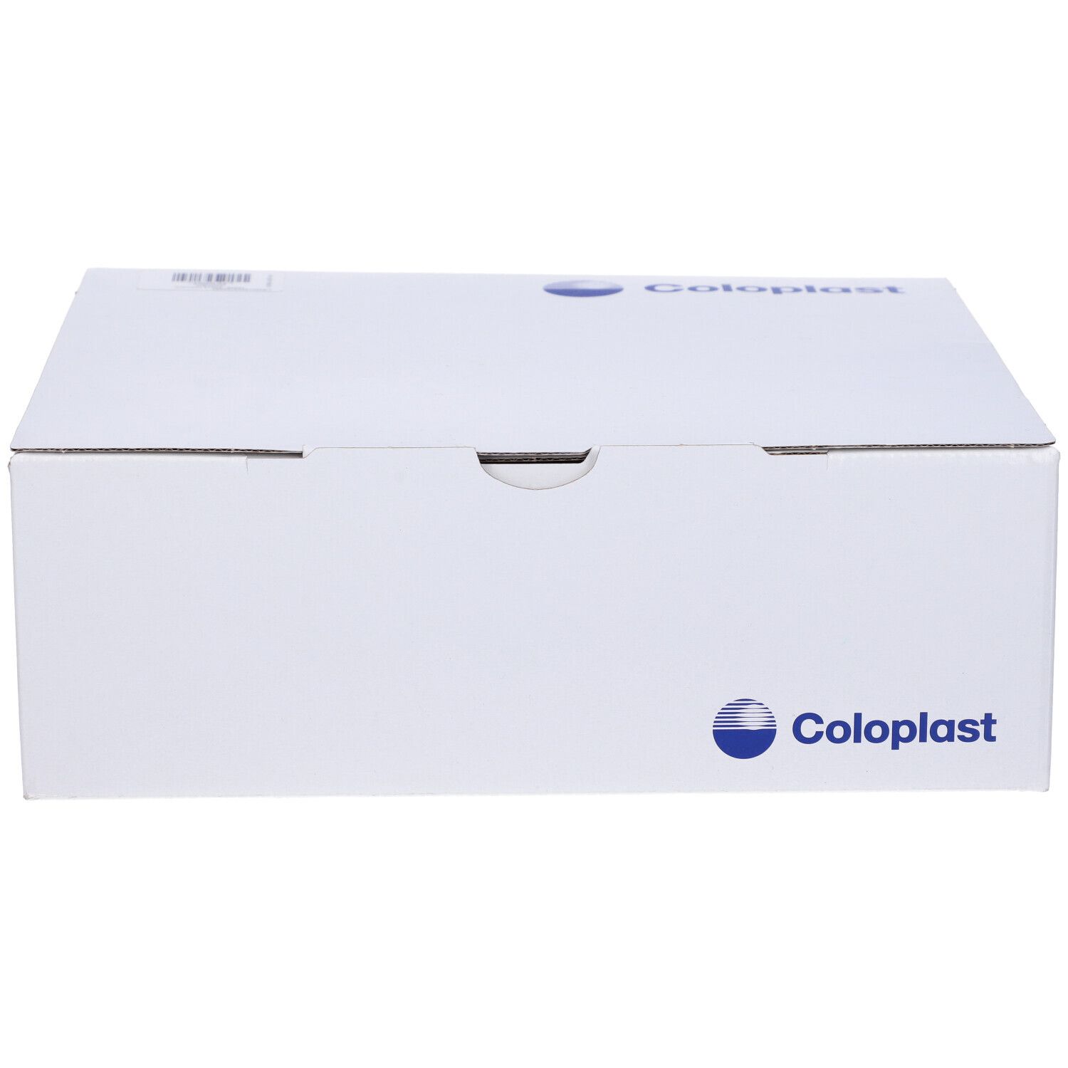 Scatola bianca con logo Coloplast. Stampe e logo sulla parte superiore.