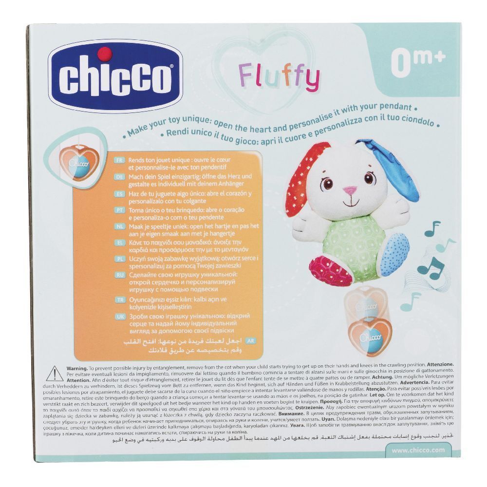 Confezione Chicco. Scritta: Fluffy, 0m+. Immagine di un coniglio bianco con orecchie e pancia colorate. Testo multilingue.