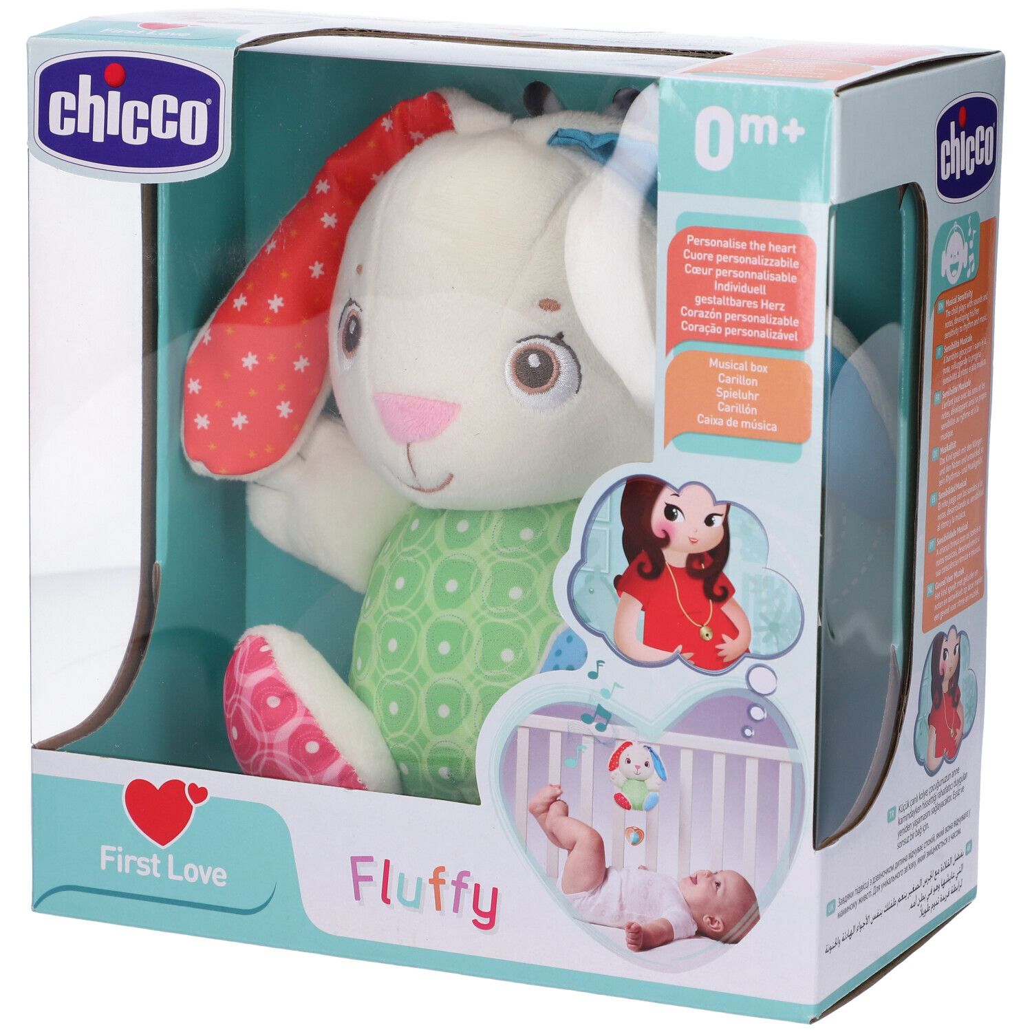 Confezione Chicco. Prodotto: coniglio di peluche bianco con orecchie e pancia colorate. Scritta: Fluffy, 0m+. Confezionato in scatola.