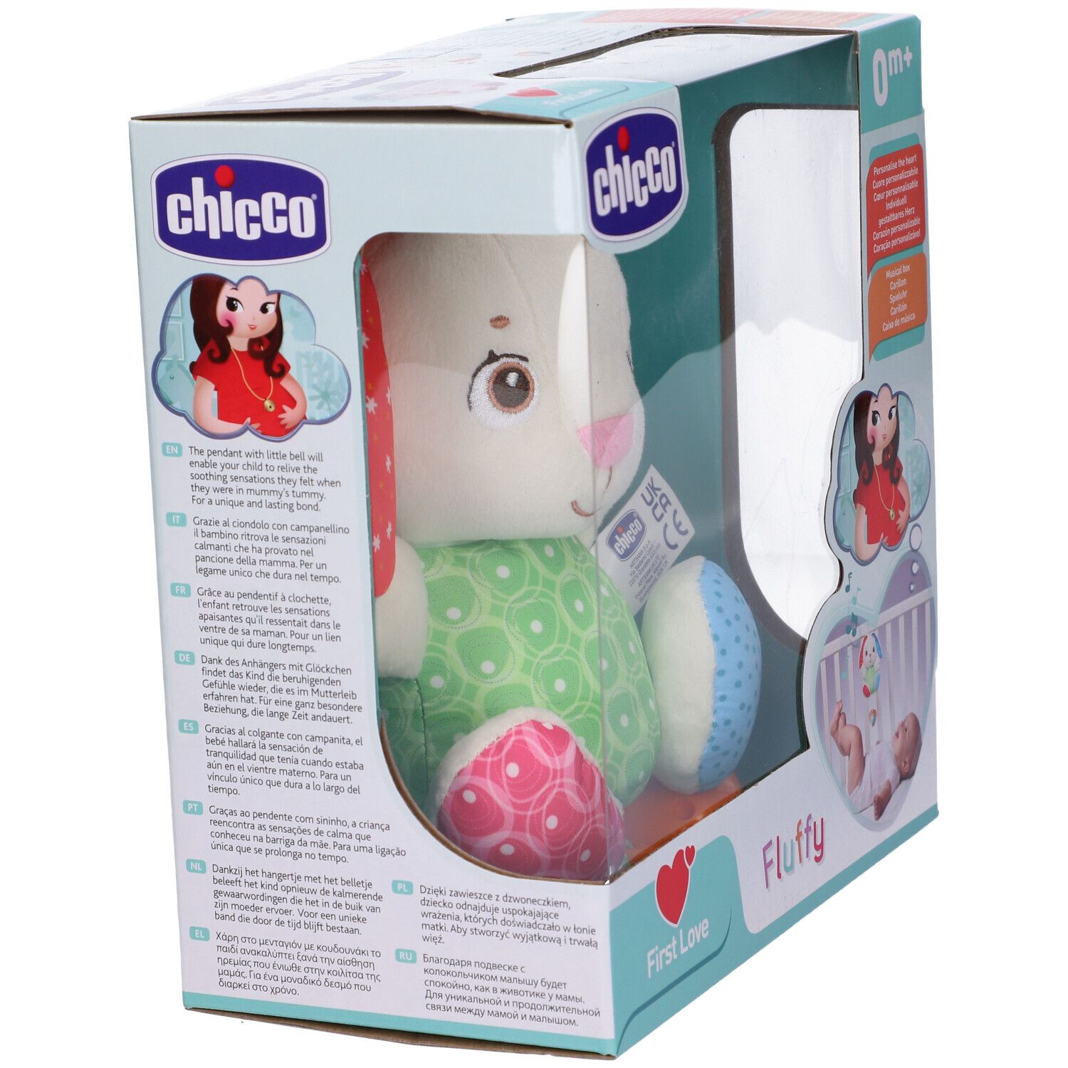 Confezione Chicco. Prodotto: coniglio di peluche bianco con orecchie e pancia colorate. Scritta: Fluffy, 0m+. Confezionato in scatola.