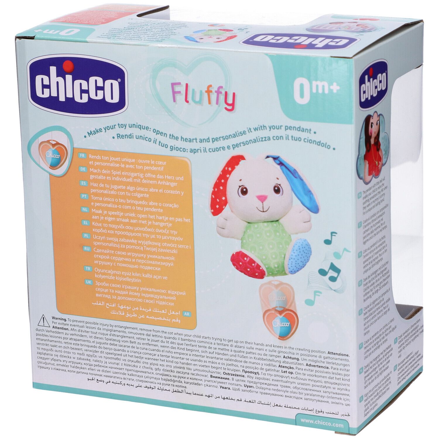 Confezione Chicco. Prodotto: coniglio di peluche bianco con orecchie e pancia colorate. Scritta: Fluffy, 0m+. Confezionato in scatola.