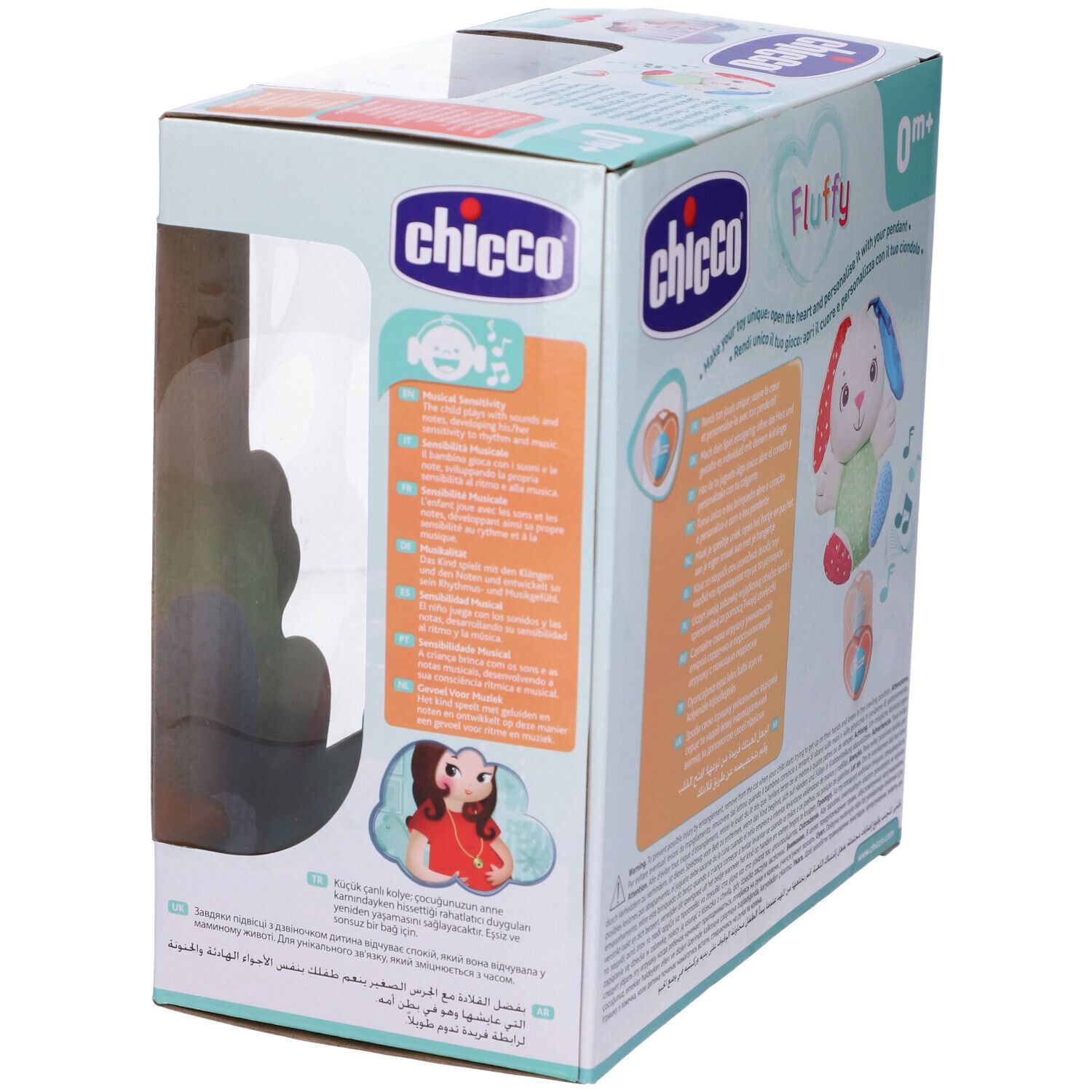 Confezione Chicco. Prodotto: coniglio di peluche bianco con orecchie e pancia colorate. Scritta: Fluffy, 0m+. Confezionato in scatola.