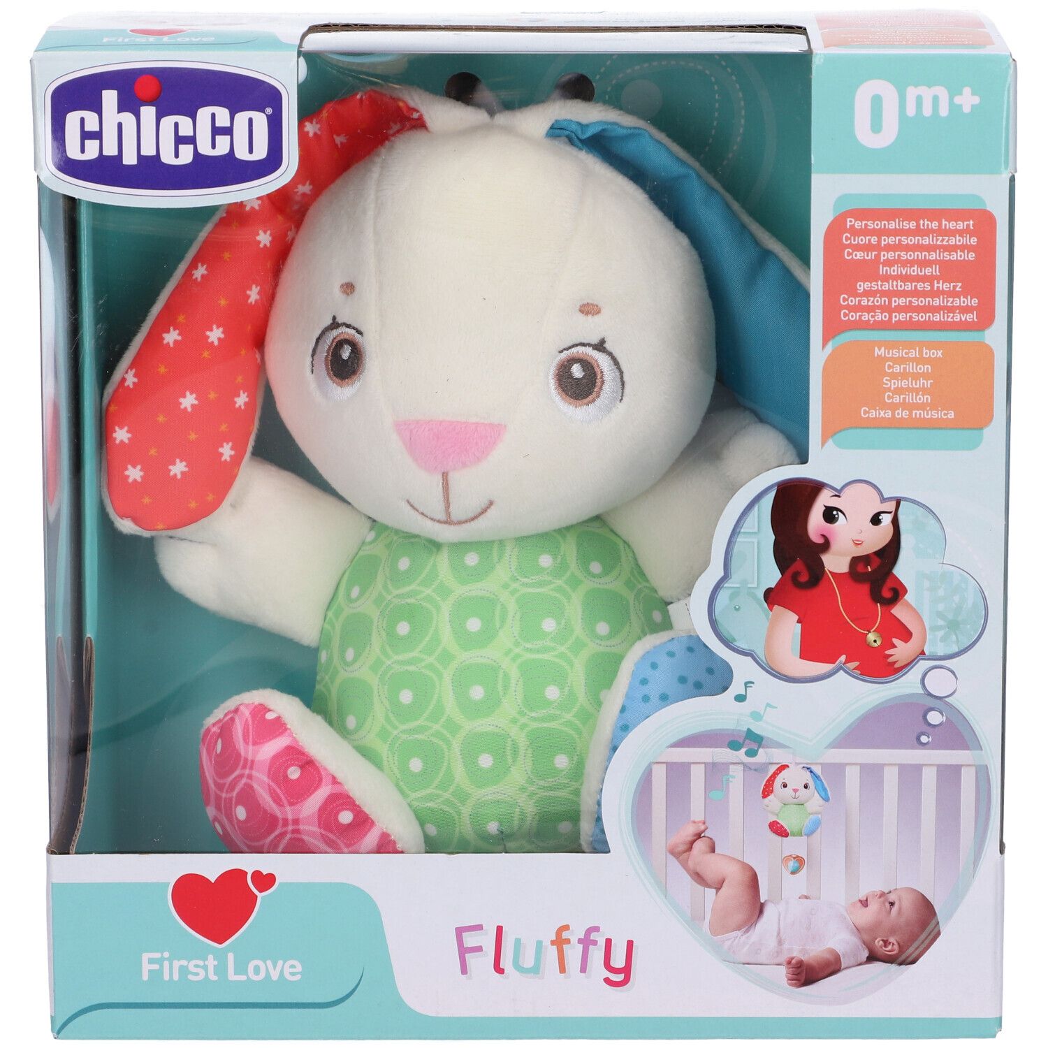 Confezione Chicco. Prodotto: coniglio di peluche bianco con orecchie e pancia colorate. Scritta: Fluffy, 0m+. Confezionato in scatola.