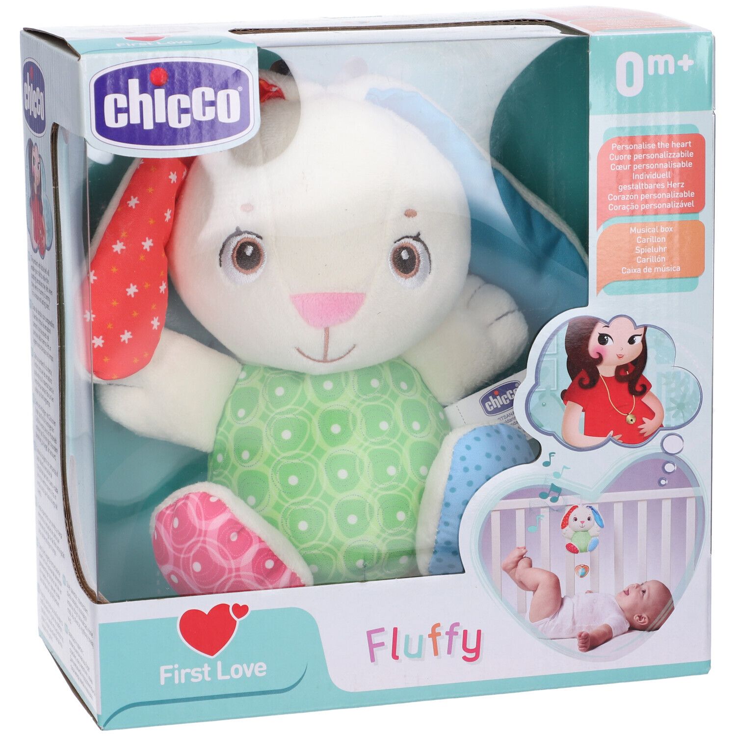 Confezione Chicco. Prodotto: coniglio di peluche bianco con orecchie e pancia colorate. Scritta: Fluffy, 0m+. Confezionato in scatola.