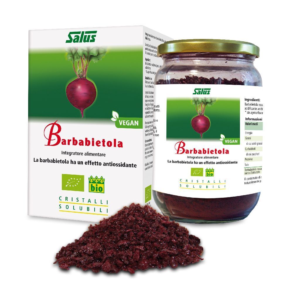 Barattolo e scatola di Salus Barbabietola. Cristalli rossi accanto. Sigillo vegano. Certificazione Bio.