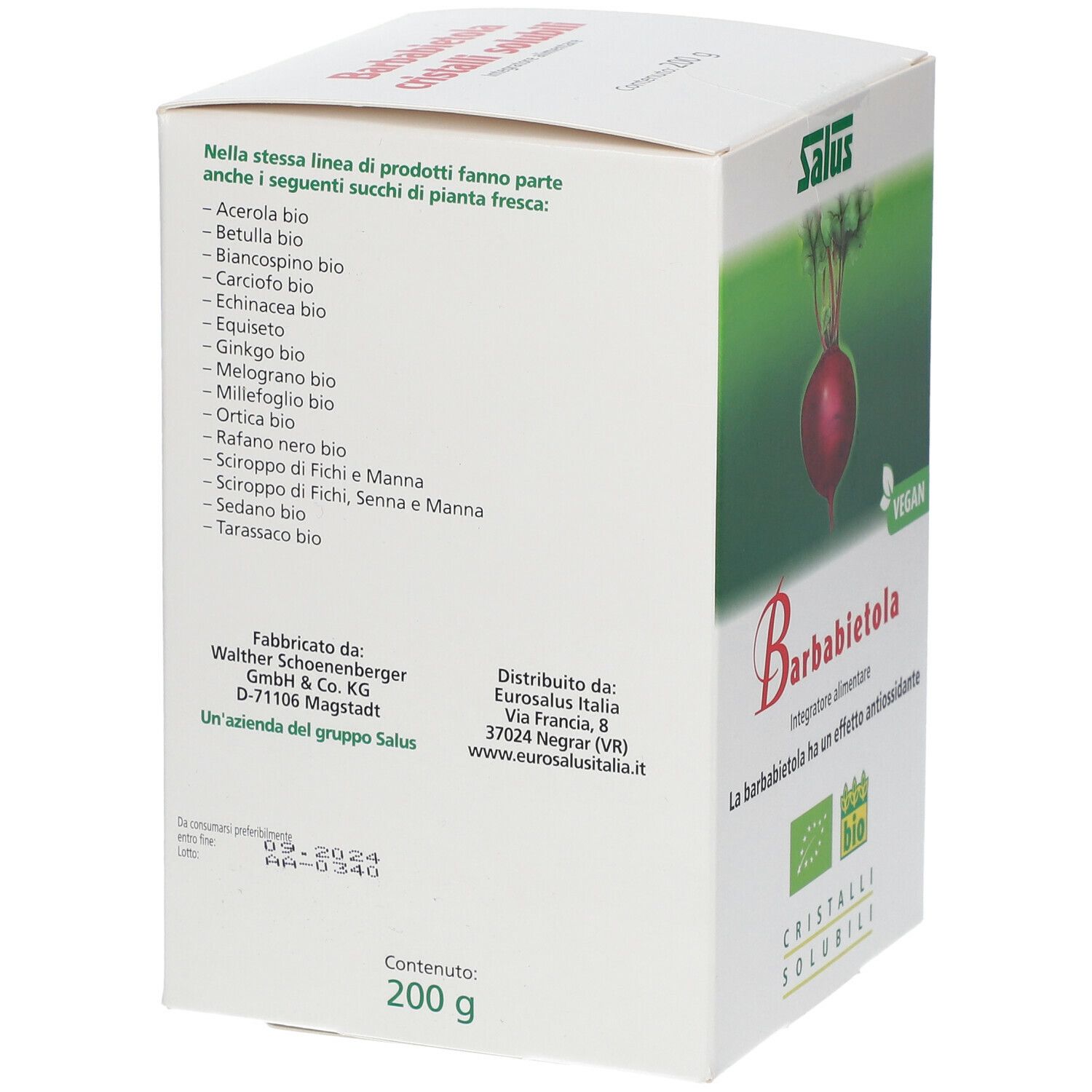 Retro della scatola Salus Barbabietola. Testo con ingredienti e informazioni nutrizionali. Certificazione Bio.