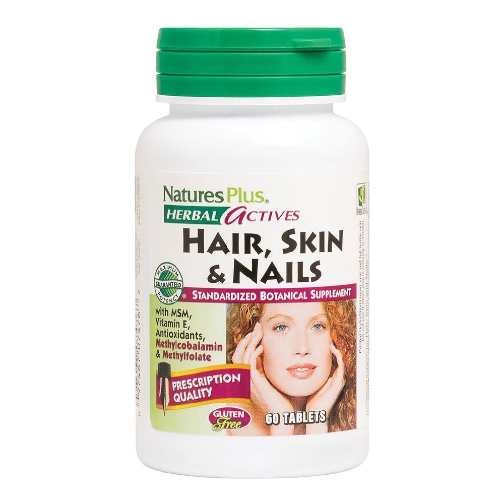 Flacone bianco con tappo verde. Scritta: Hair, Skin & Nails. 60 compresse. Senza glutine. Con MSM, vitamina E, antiossidanti.