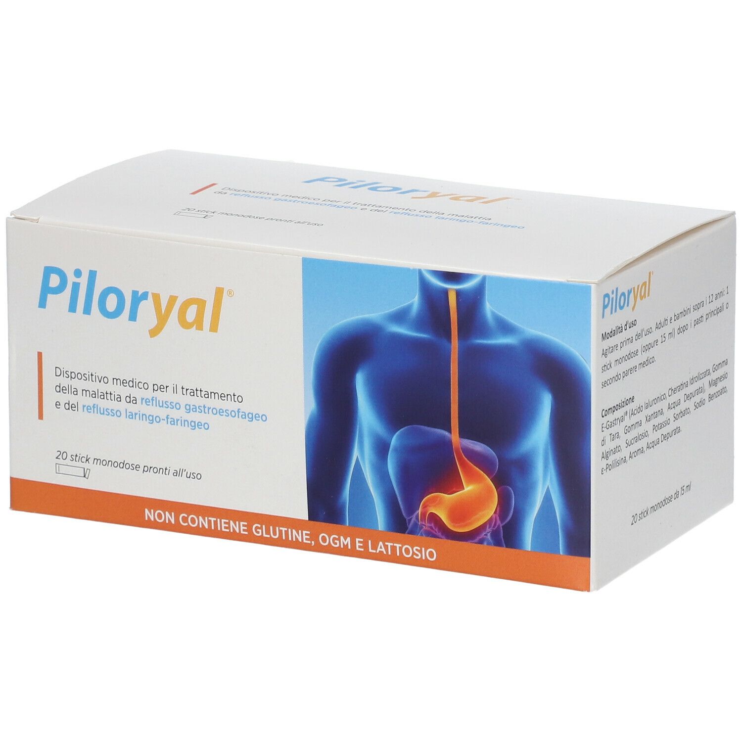 Scatola Piloryal. Dispositivo medico per il trattamento del reflusso. Contiene 20 stick monodose. Illustrazione del tratto digestivo.