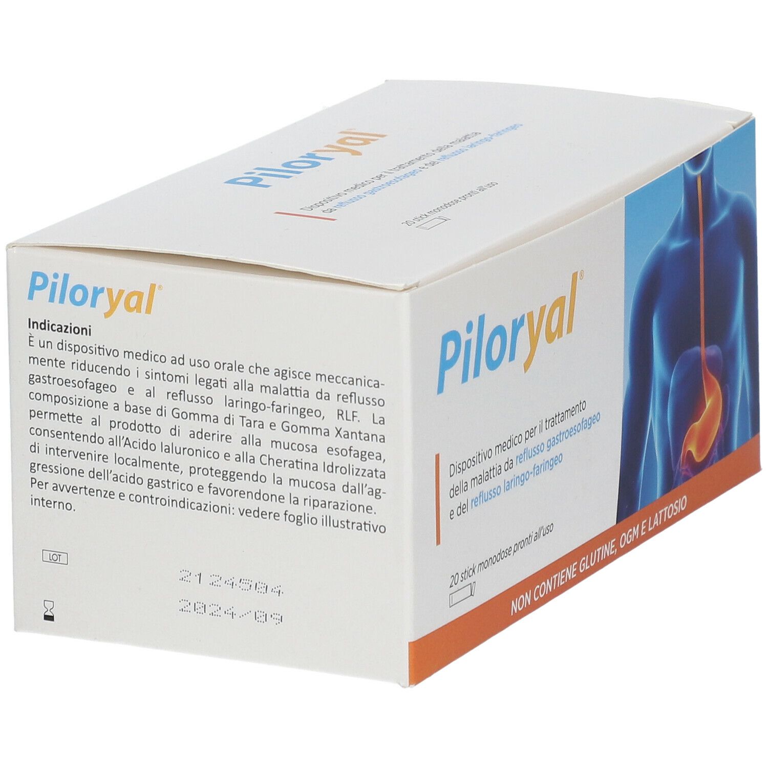 Scatola Piloryal con informazioni. Dispositivo medico per il reflusso. Contiene 20 stick monodose. Illustrazione del tratto digestivo.