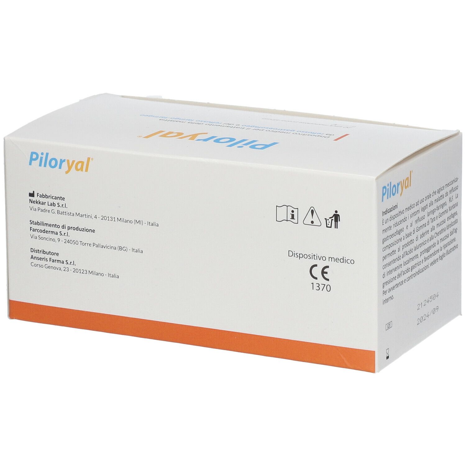 Scatola Piloryal. Dispositivo medico con marchio CE. Informazioni produttore e distributore. Contiene 20 stick.